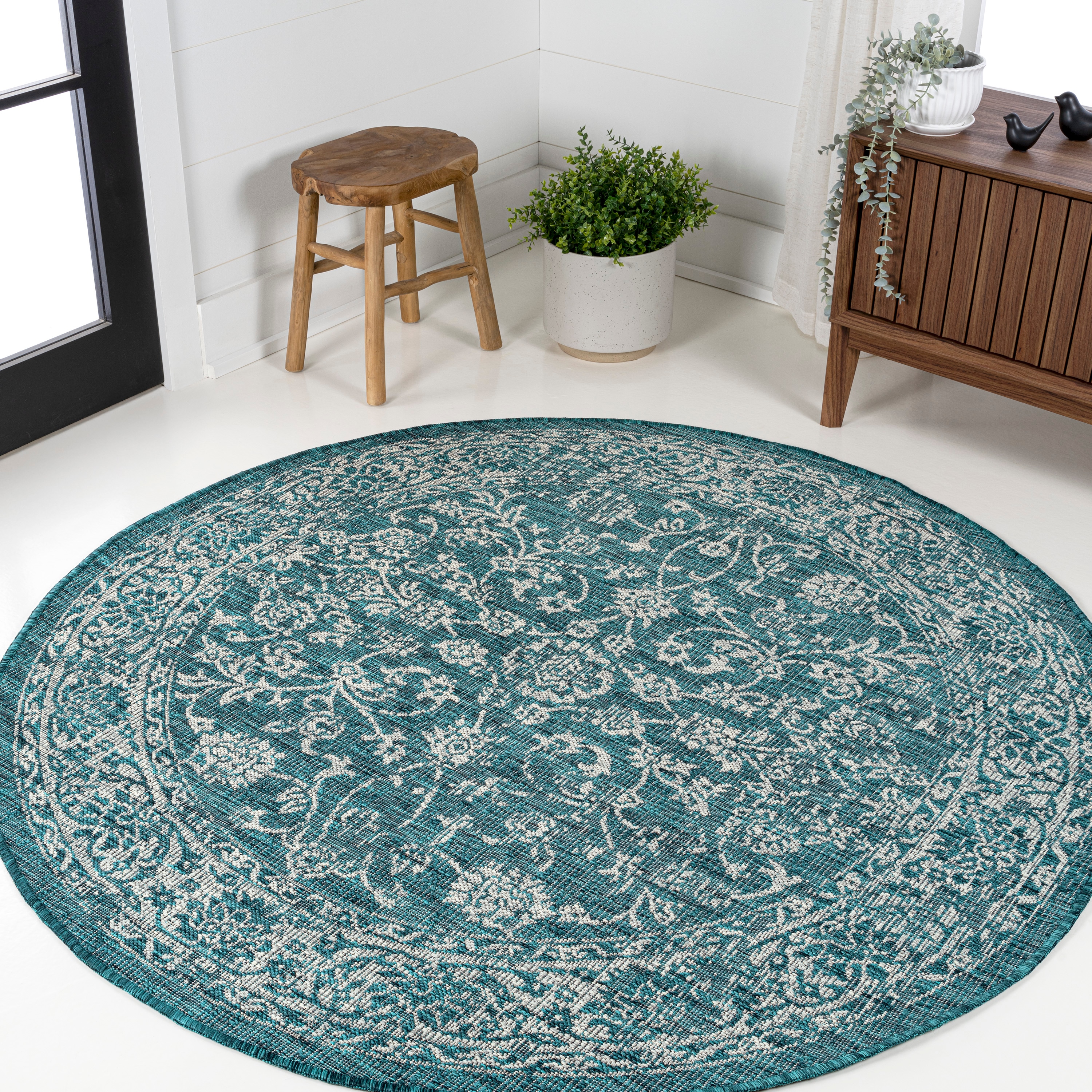 JONATHAN  Y SMB100C-9R SANTA MONICA Tela Bohemian Textured Weave Floral 9 x 9 (ft) Polypropylene Teal/Gray Round Indoor Medallion Bohemian/Eclectic Area rug