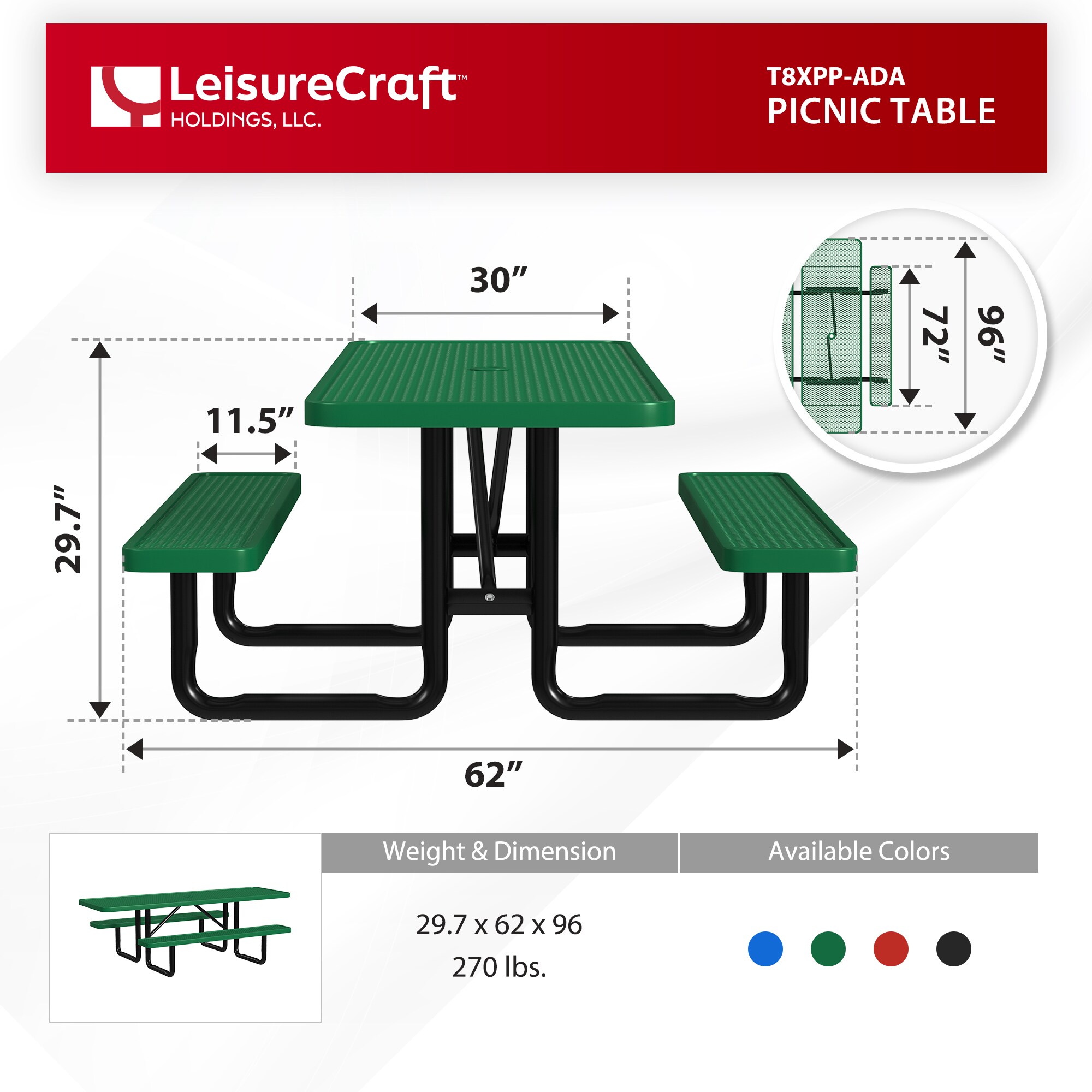 LeisureCraft T8XPP-ADA-GREEN Picnic-Tables - View #6