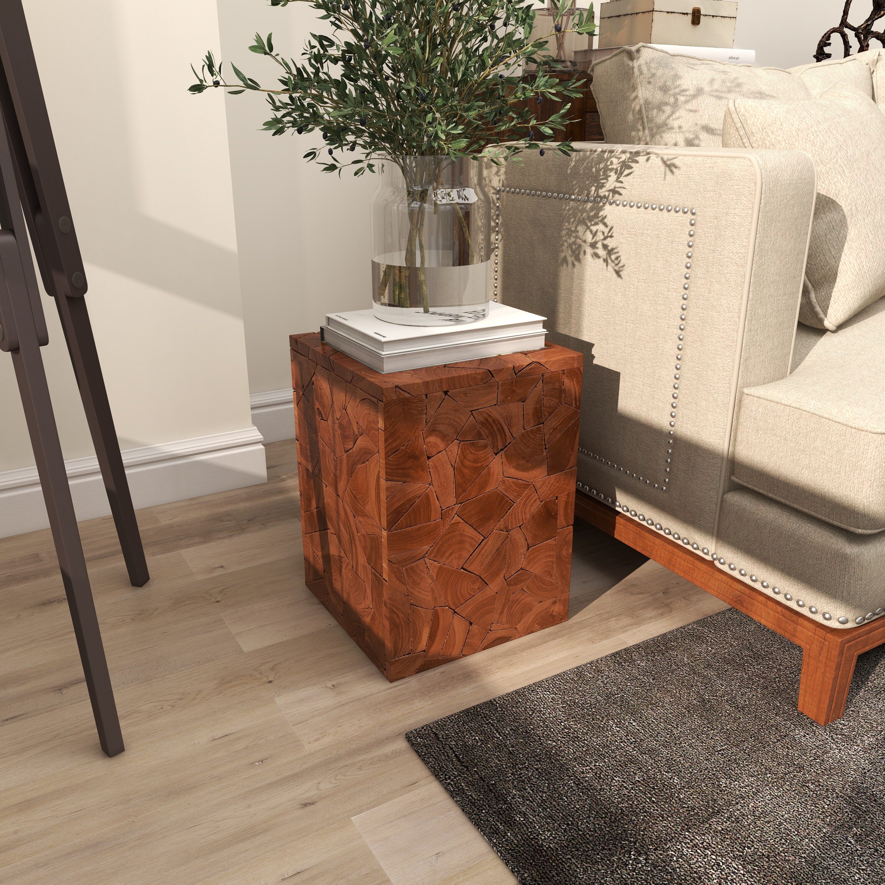 Handmade Teak Wood Mosaic Accent Table 12" Square in Brown