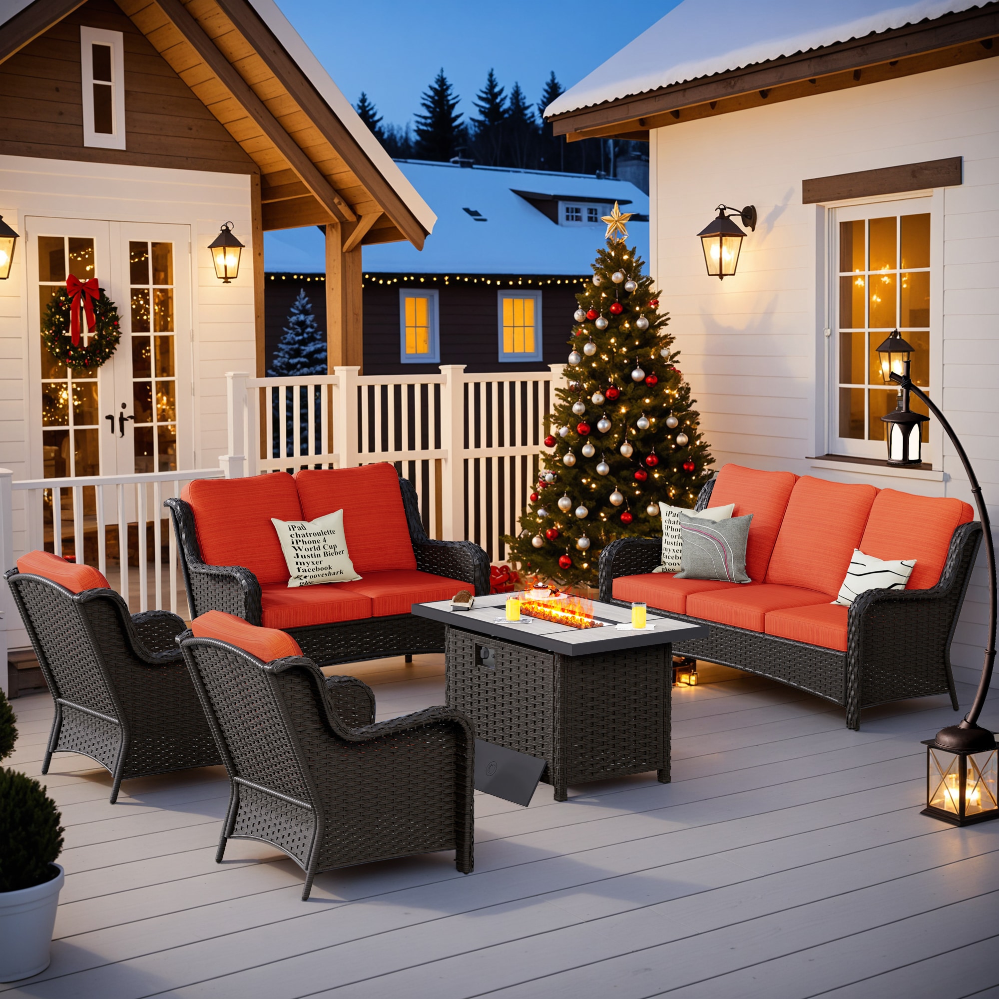 XIZZI XIXCTL8153-CFP Vesta 5-Piece Wicker Patio Sofa Conversation Set with Orange Cushions