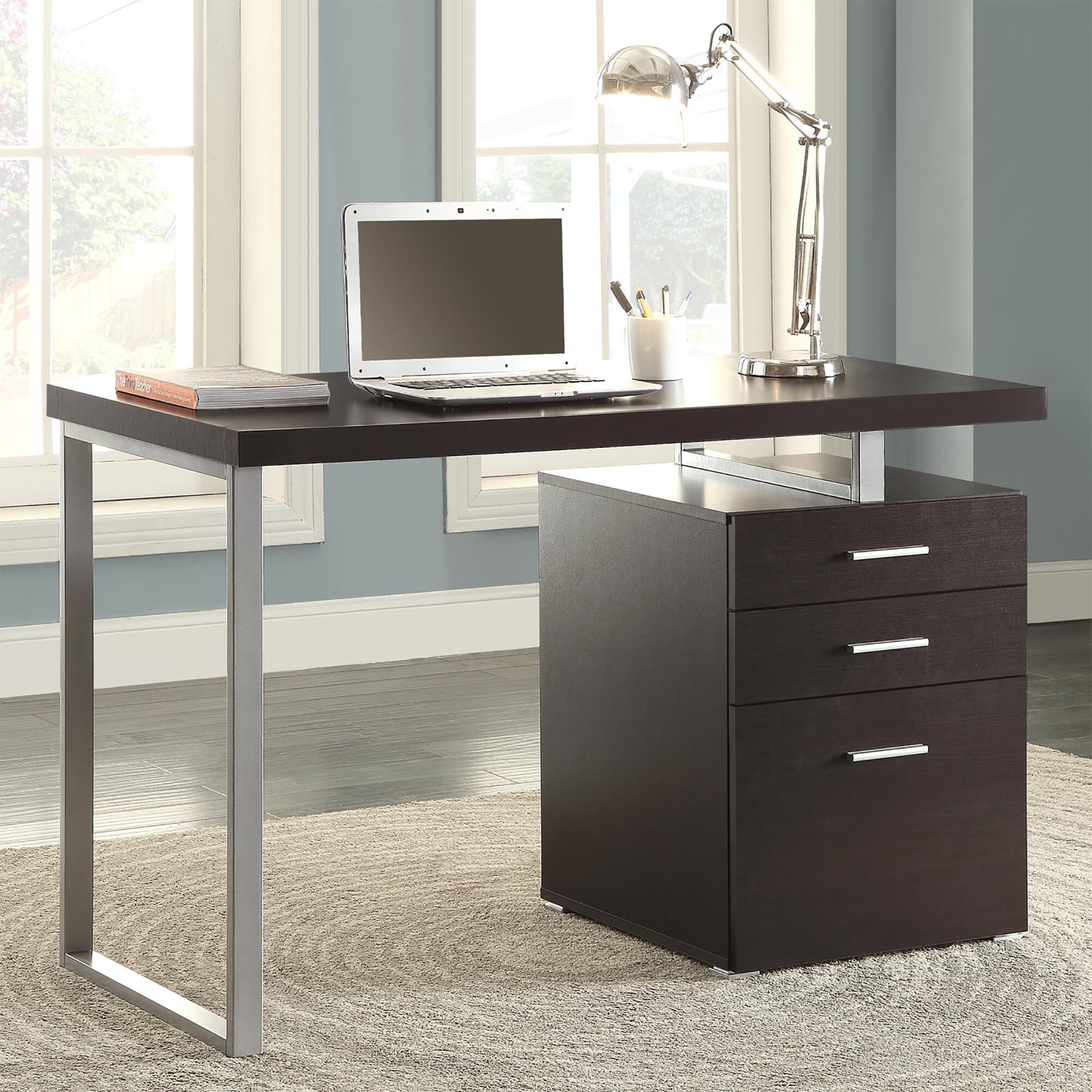 Tatayosi JL-145586 Cappuccino Reversible Office Desk with File Drawer and Metal Legs