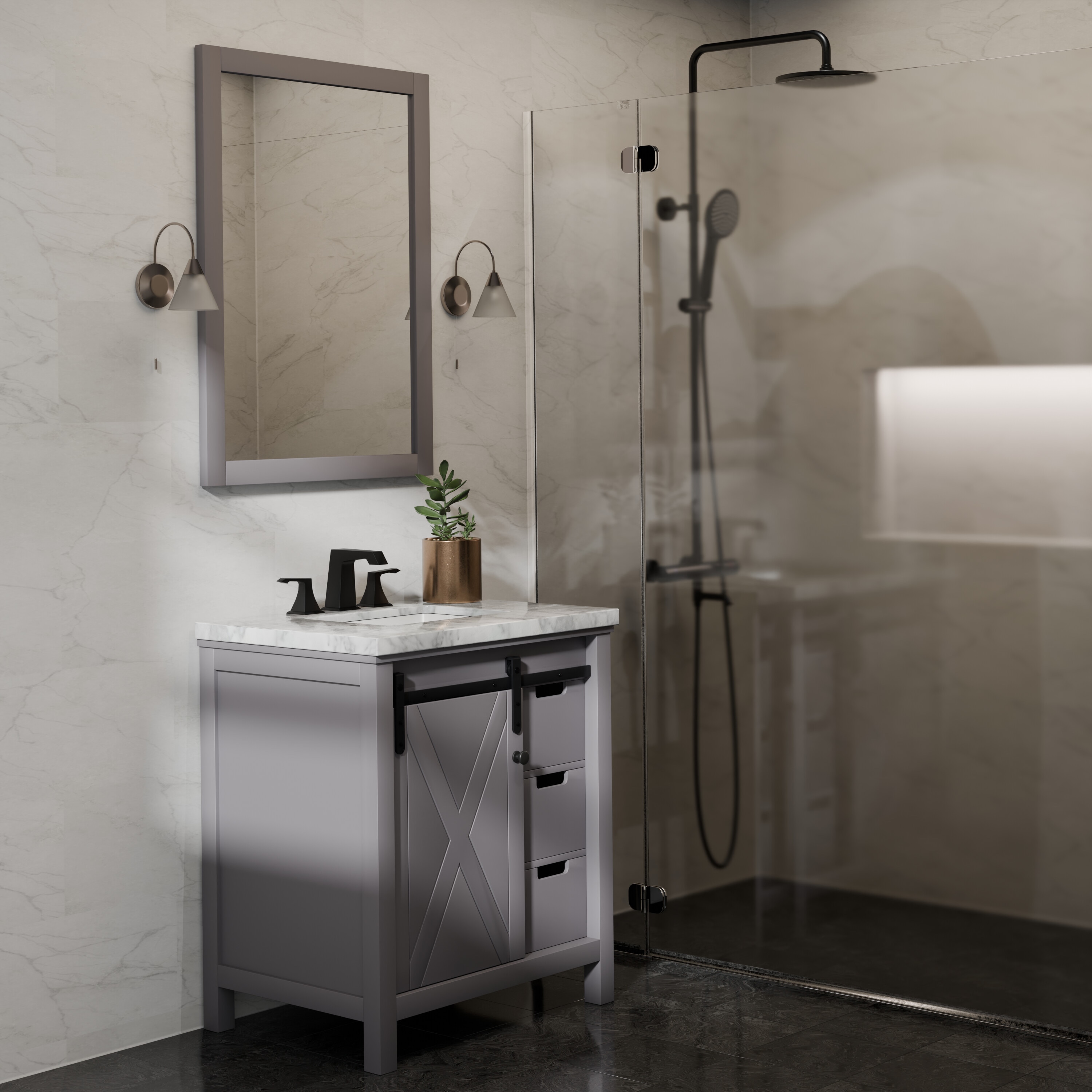 Lexora LM342230SB00M28 Marsyas 30-in Dark Grey Bathroom Vanity Base Cabinet without Top (Mirror Included)