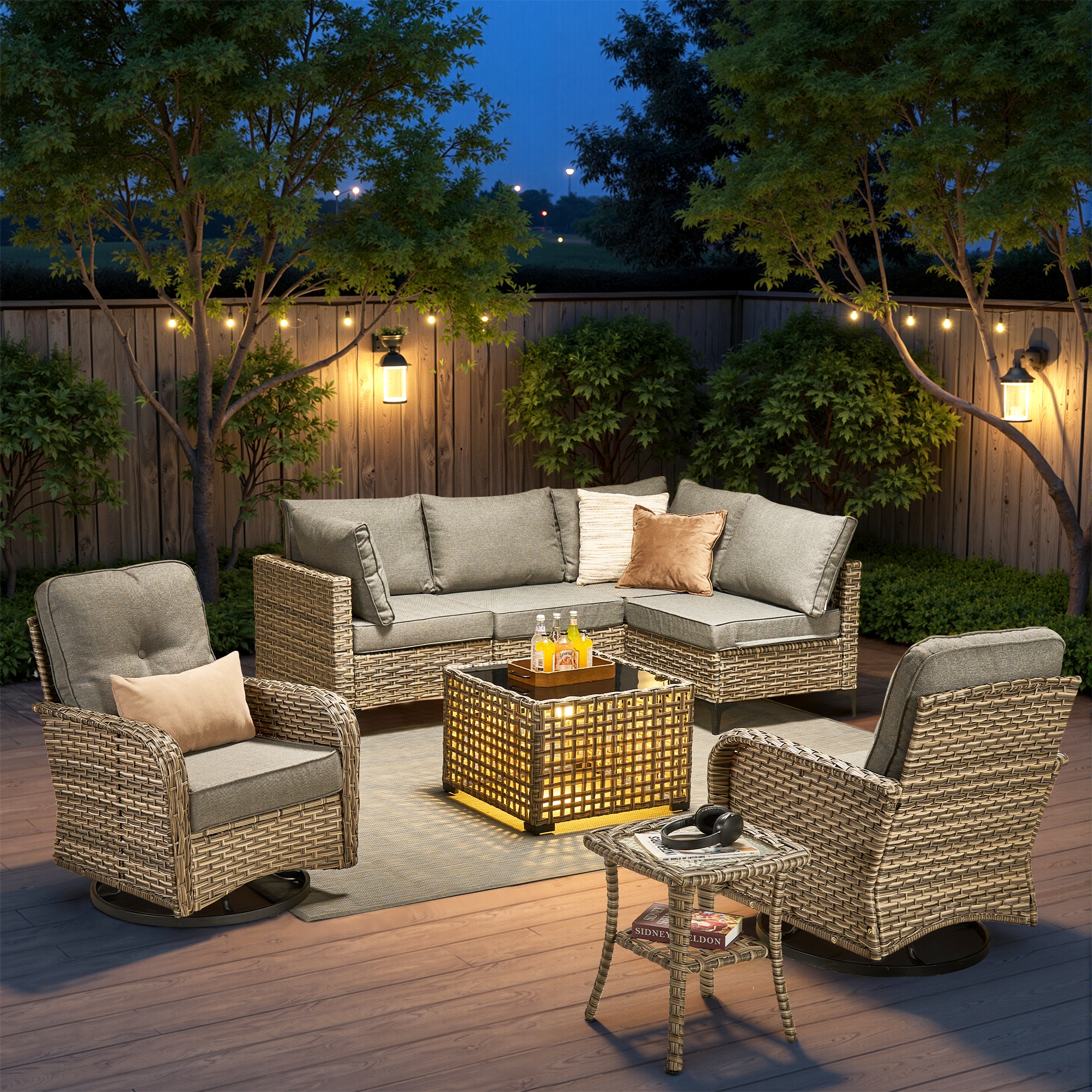 weaxty DSCRRSYZVNC208 Lotus Wicker Outdoor Sectional with Gray Cushions and Steel Frame
