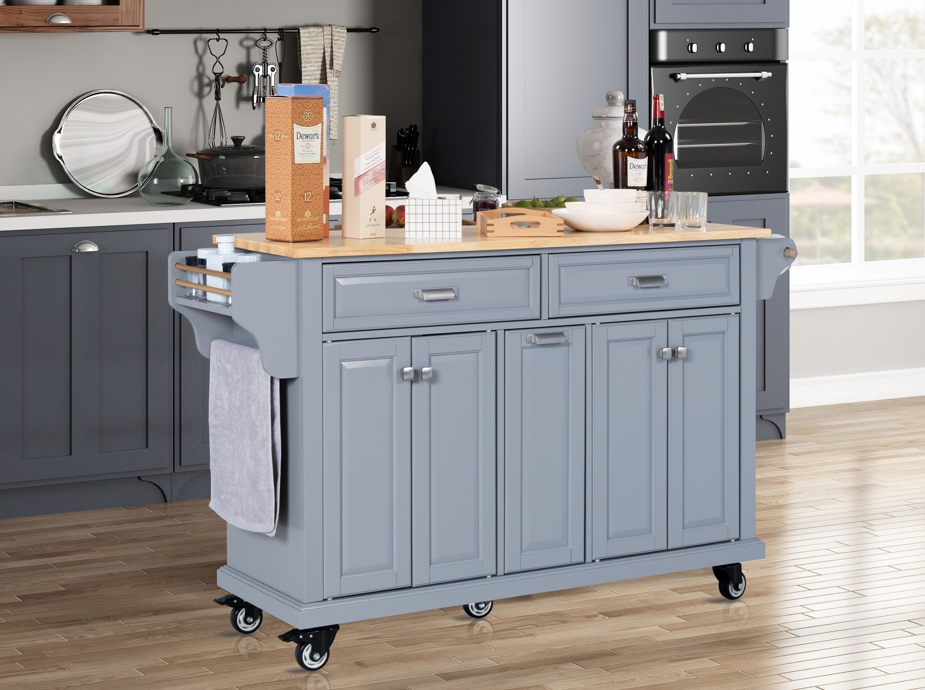 LOVMOR - Kitchen Island Rubber Wood Top 5 Wheels Storage Cabinet 3 Drawers Dinning Room Grey