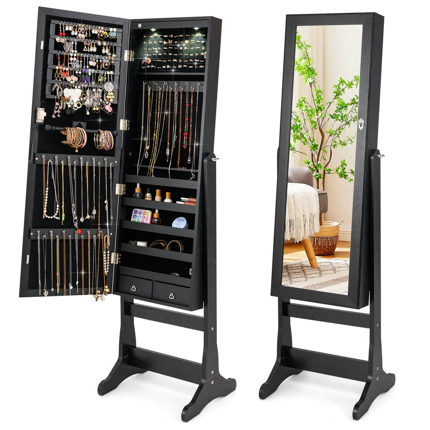 Costway HCST04727 Lockable Mirrored Jewelry Cabinet Armoire Organizer Storage with Stand and LED Lights Black