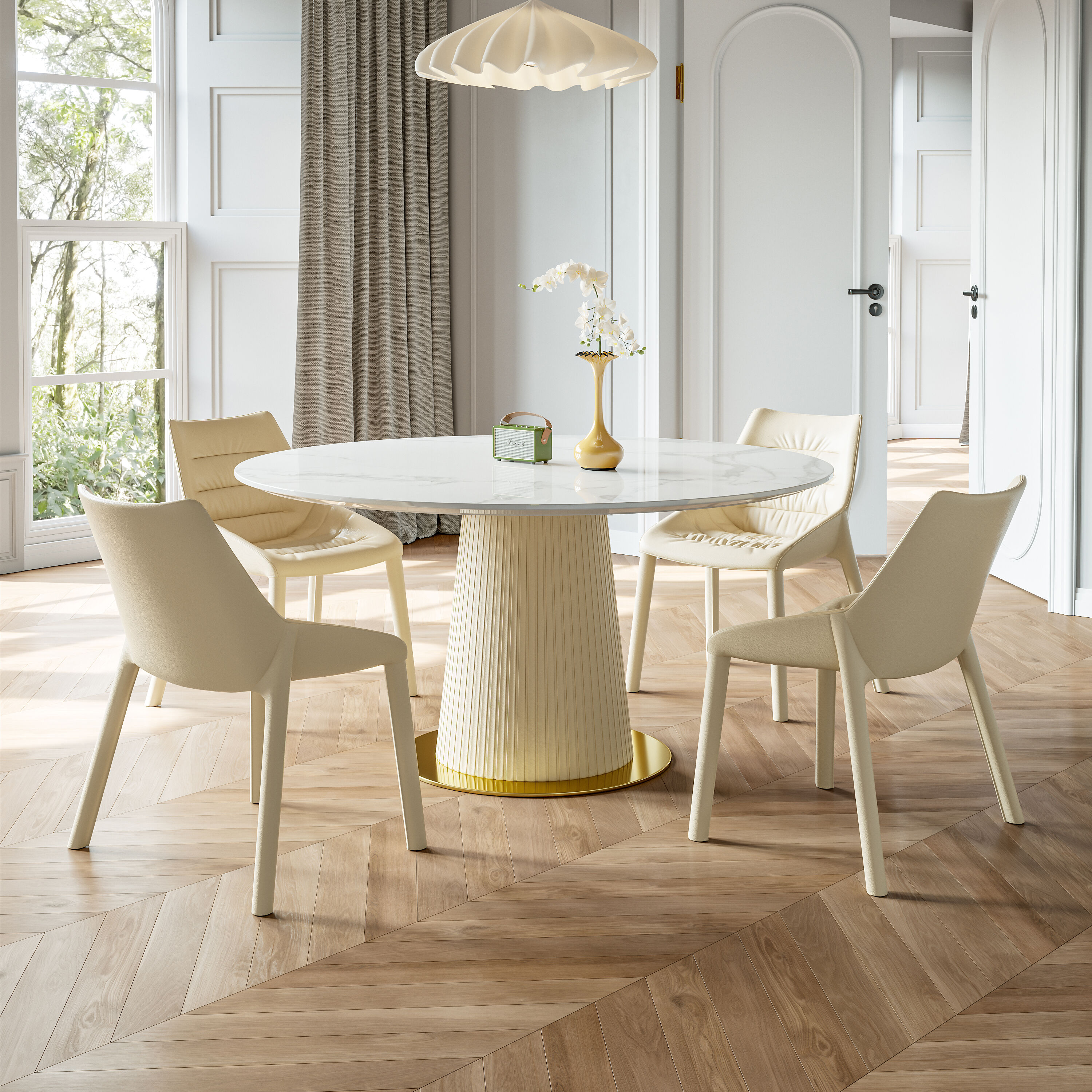  3212-150 White Round Contemporary/Modern Dining Table, Composite with White Metal Pedestal Base 59.05-in L x 29.52-in H