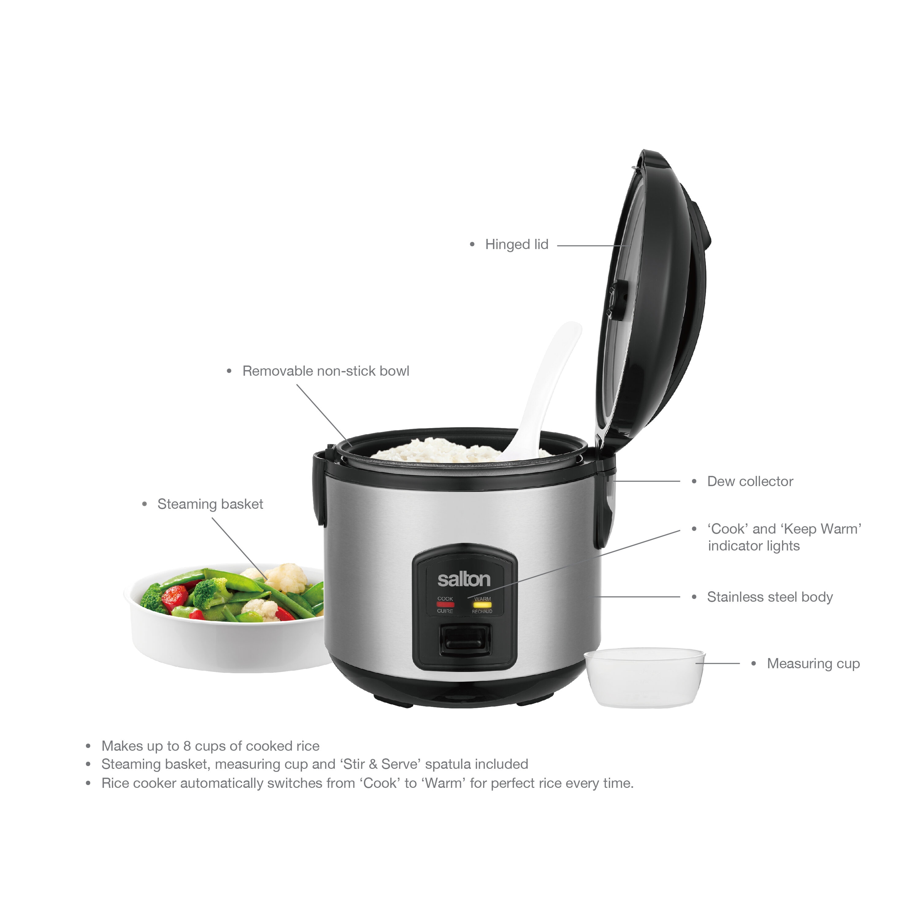 IMUSA UL-Listed 6-Cup Rice Cooker, White Metal Housing, Keep Warm Setting, Removable Non-Stick Bowl, Tempered Glass Lid