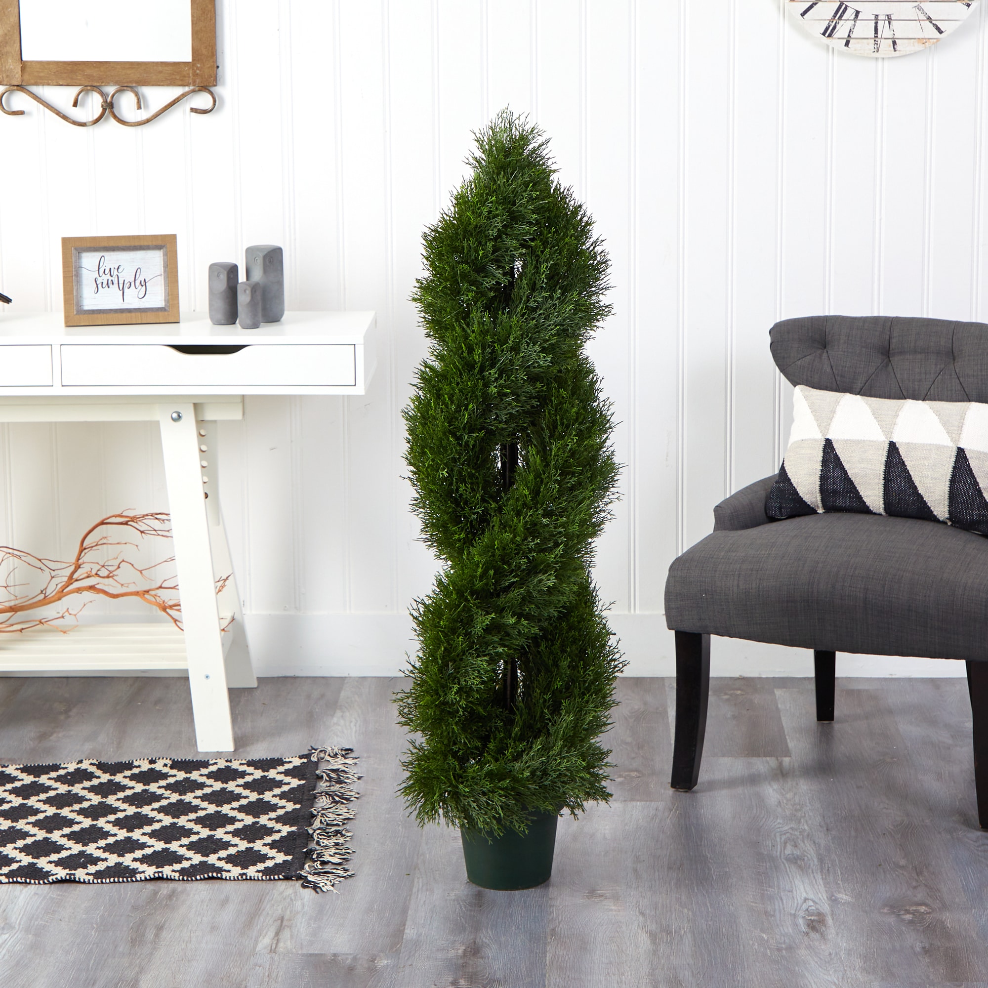 4-Foot Green Faux Cypress Spiral Topiary in Black Pot