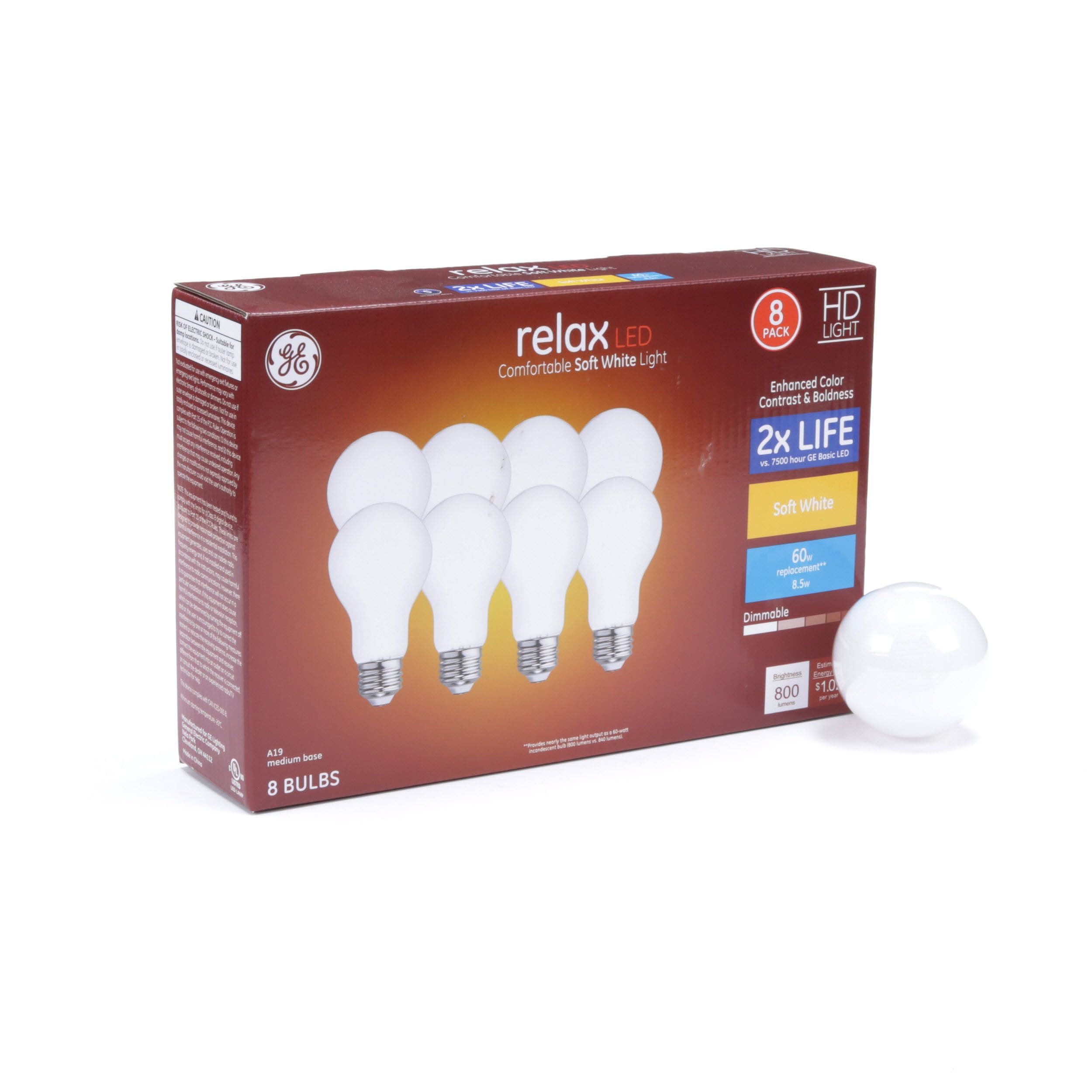 Ge Relax 8-Pack 60 W Equivalent Dimmable Warm White A19 Led Light Fixture Light 