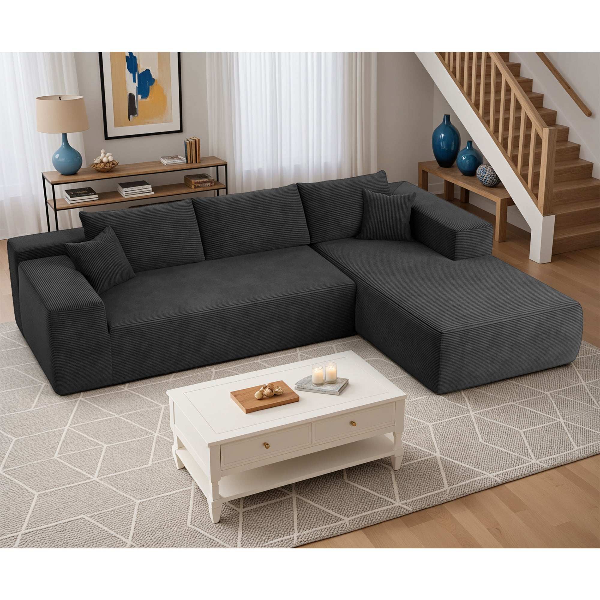 Pouuin SVI40R 104.3-in Modern Black Corduroy 3 -seater Sectional