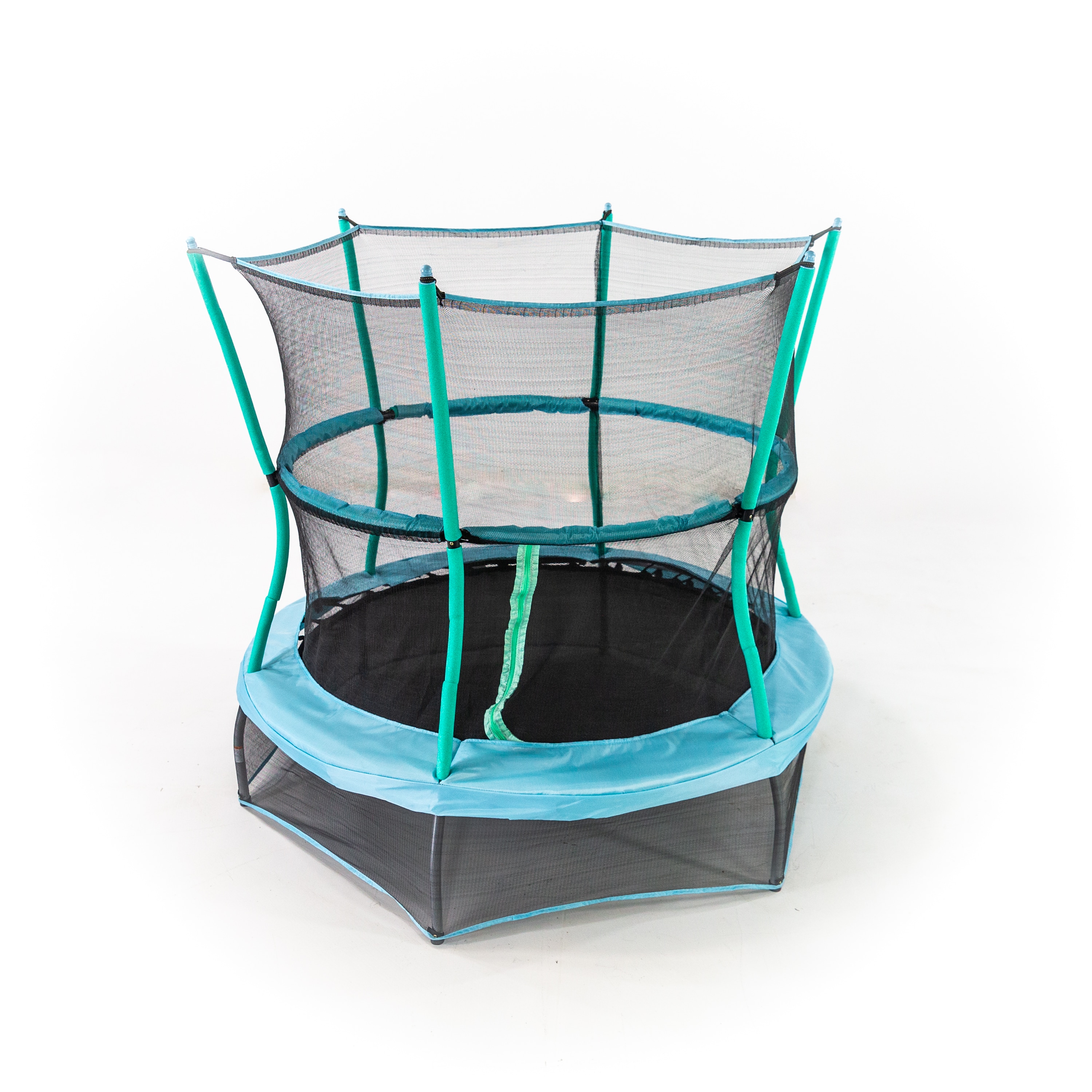 60-in Round Mini Trampoline with Enclosure - Indoor Kids Bouncer with Padded Handlebar - Blue Pad, Green Foam | - Skywalker SWB60UB00