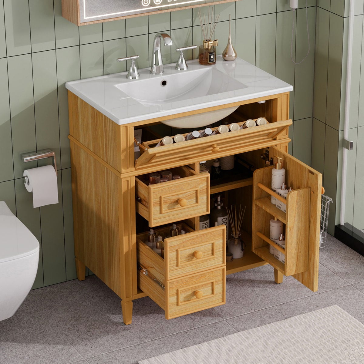 Wooakway - 30 Inch Freestanding Single Sink Bathroom Vanity Solid Pine MDF One Flip Drawer Two So...