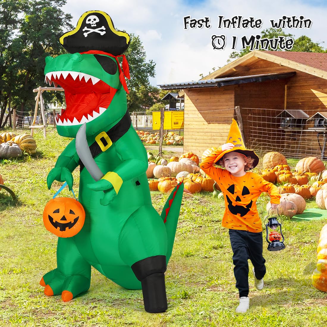7-Foot Green Pirate Dinosaur Halloween Inflatable with LED Lights