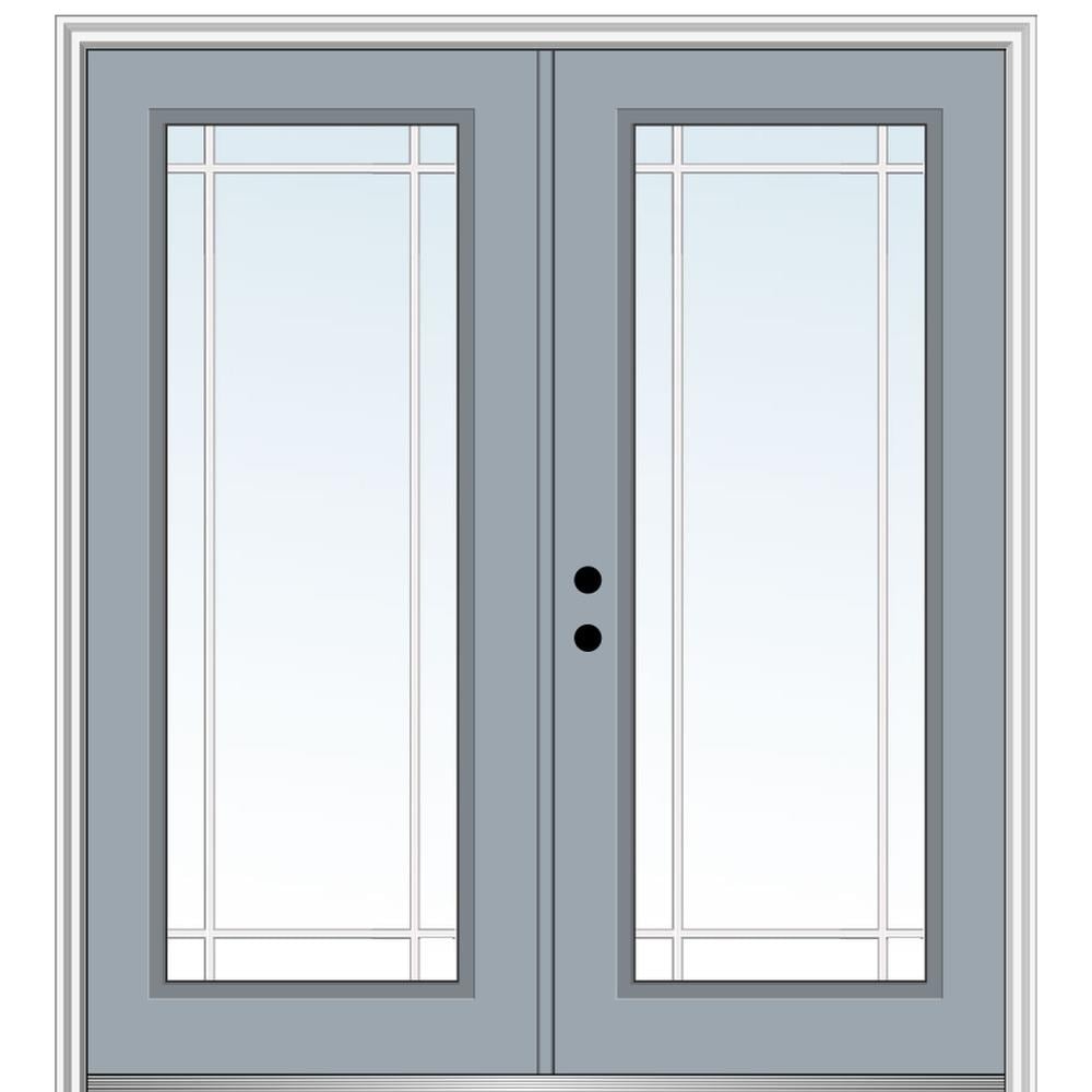 MMI DOOR ZZ13611R 64-in x 80-in x 4-9/16-in Fiberglass Full lite Right-hand inswing Storm Cloud Painted Prehung Double Front Door with Brickmould Insulating core with Grilles
