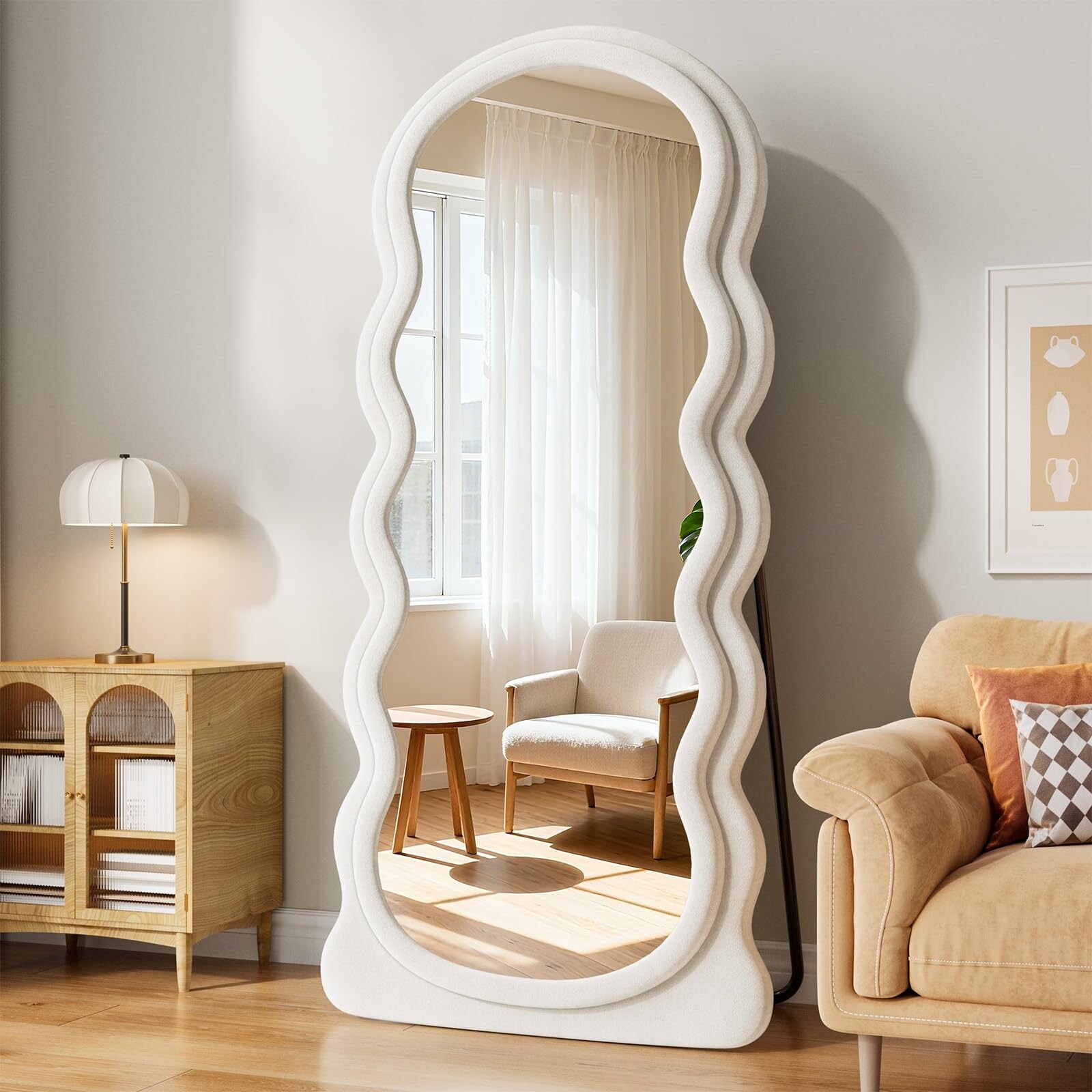 Aoibox  63 in H x 24 in W White Arched Wavy Full Length Floor Mirror with Flannel Frame Standing Leaning or Hanging