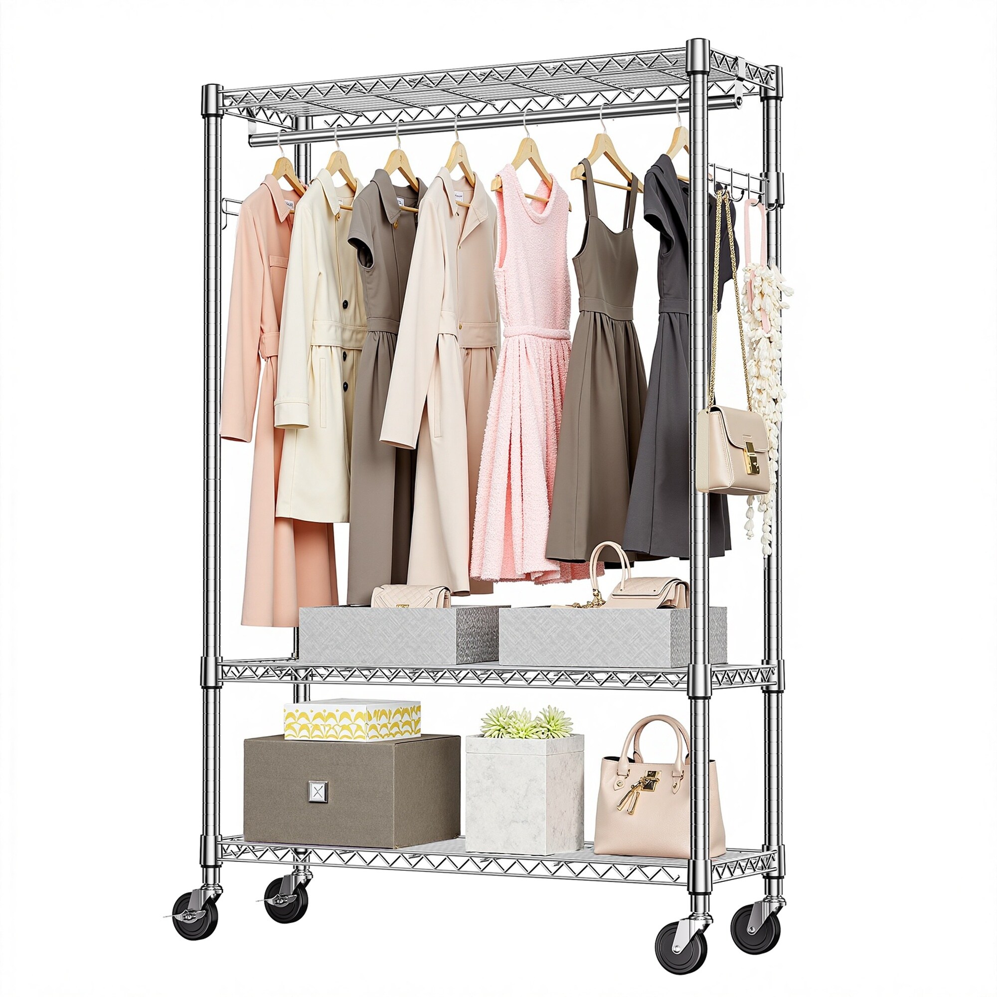 Vorene Chrome Rolling Freestanding Garment Rack with Single Hang Rod Adjustable Metal Frame 15.7D x 45.3W x 75.6H Closet Storage