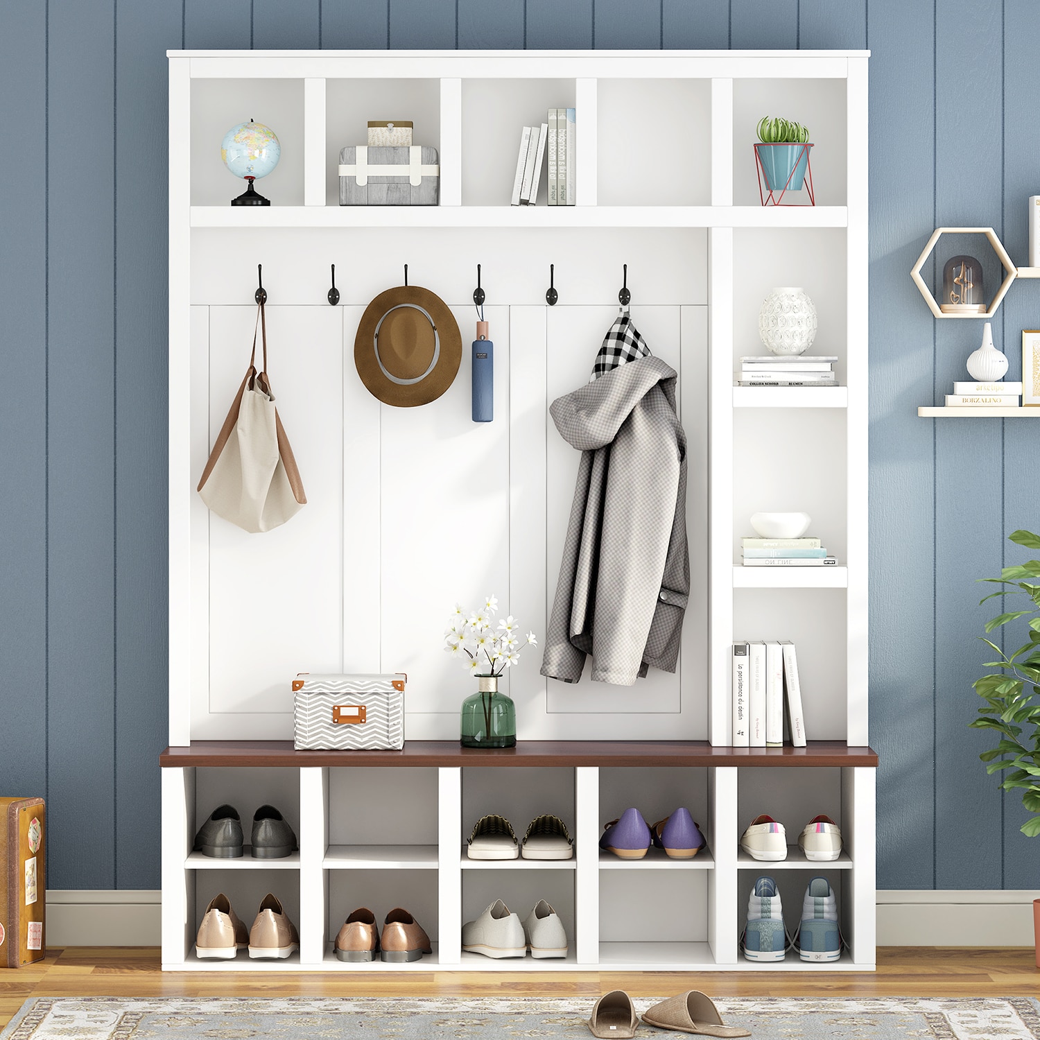 GZMR GZ-OT0044K Farmhouse Wooden Style Hall Tree with 6 Hooks Farmhouse 15.7-in White+Walnut Composite Hall Tree