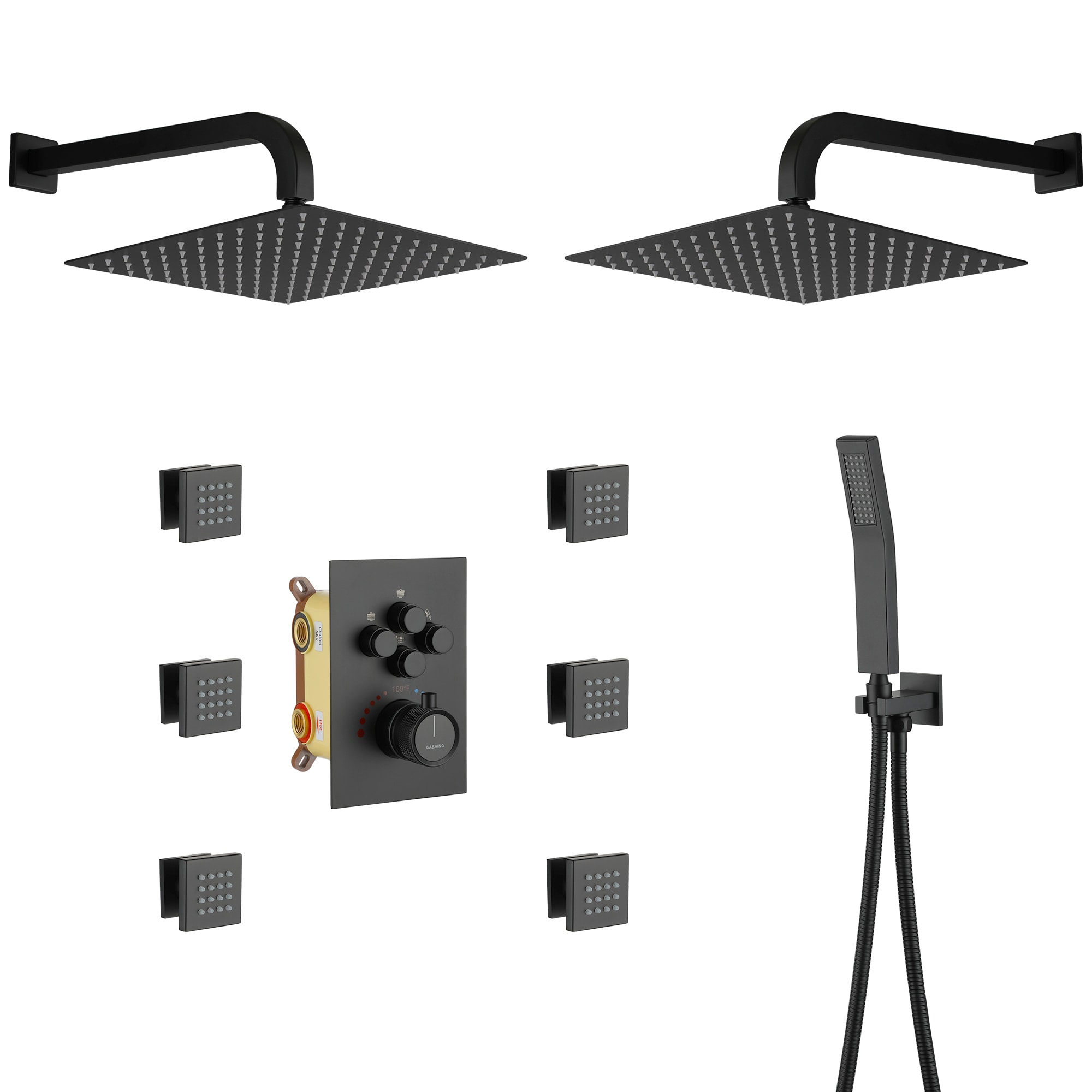 CASAINC HM-T207-SQ-BN Matte Black 12-Inches Dual Head Built-In Shower Faucet System with 4-way Diverter ( Thermostatic Valve Included )