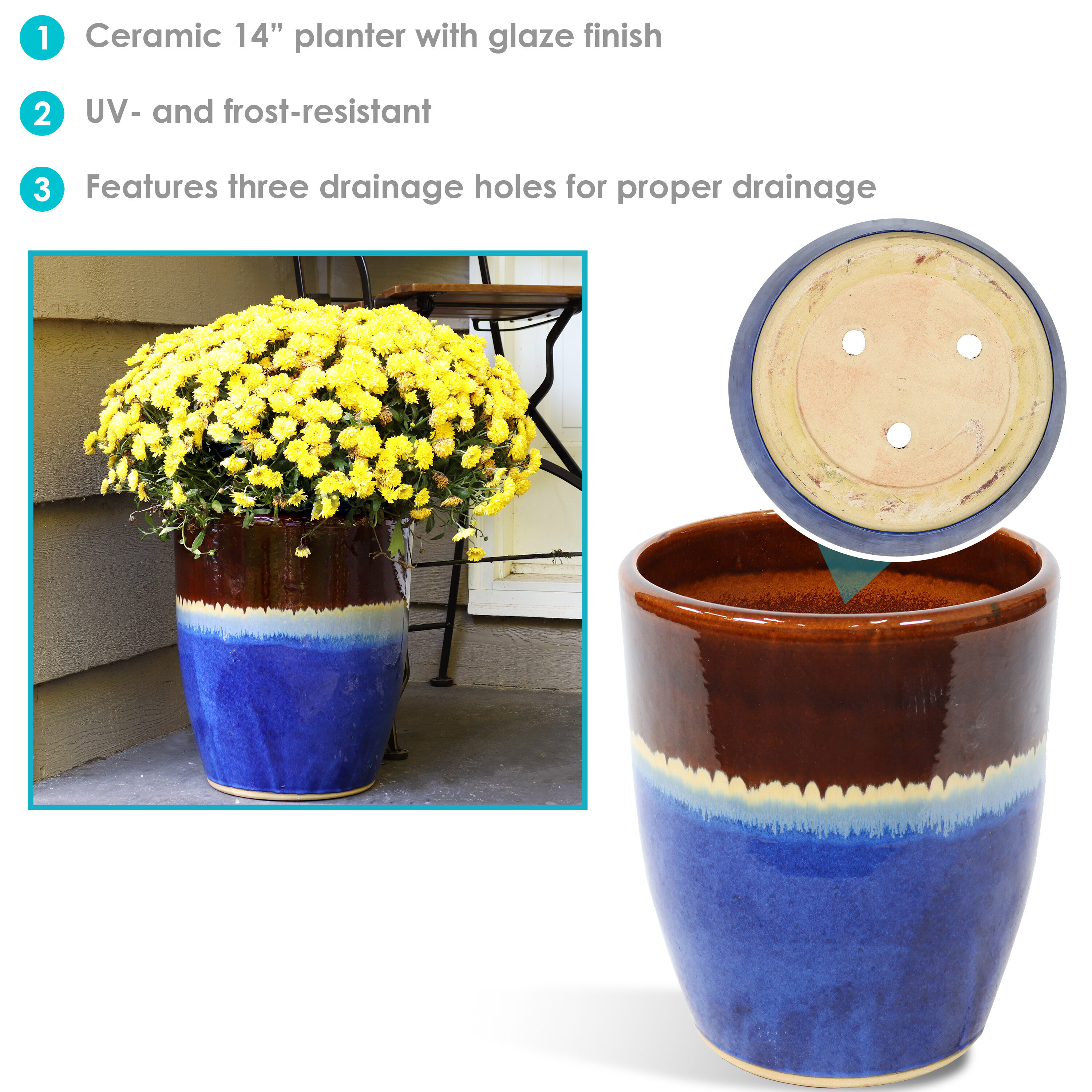 Beachcomber 14-Inch Glazed Ceramic Indoor/Outdoor Planter
