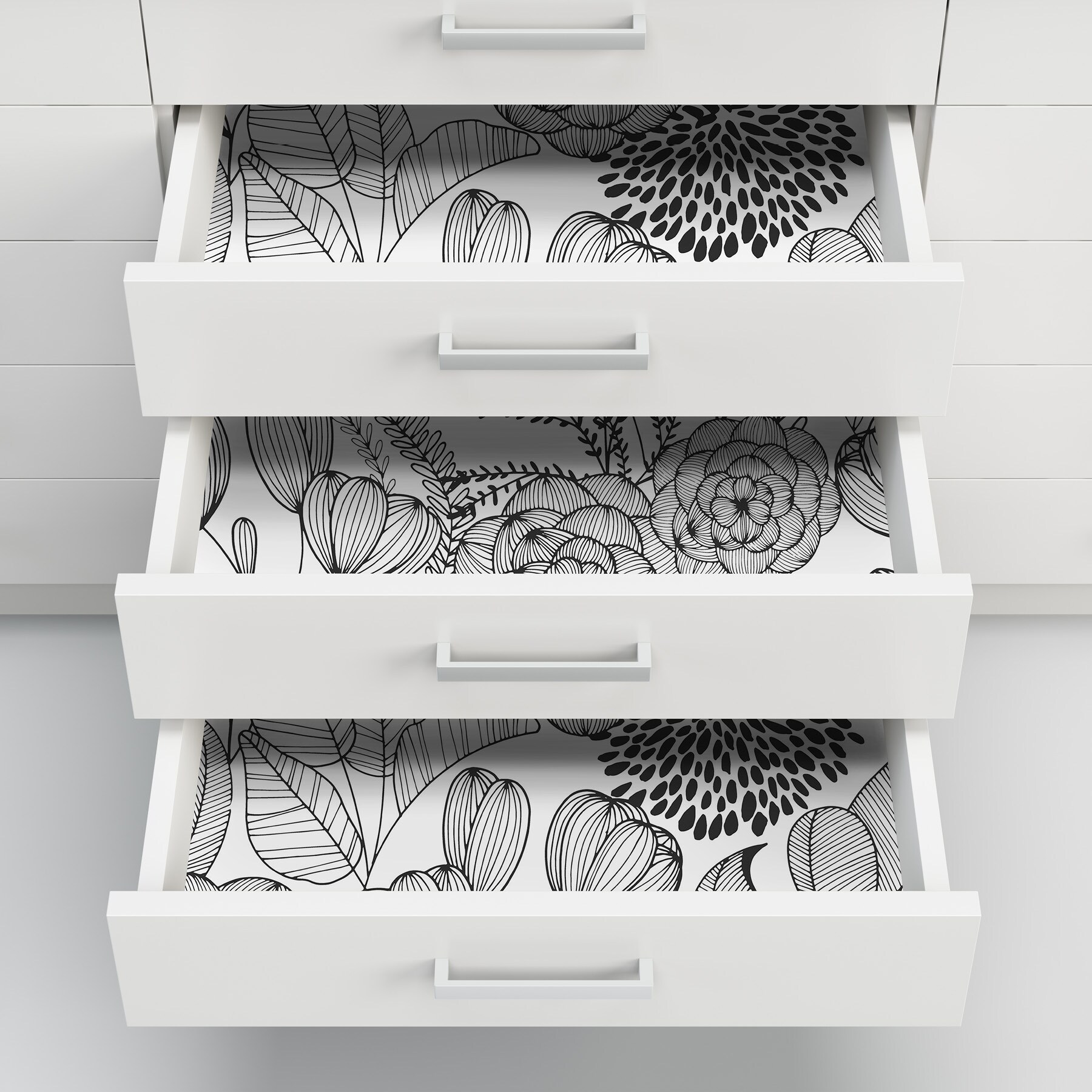 Wild Garden Botanical Drawer Liner in Black Peel & Stick Self Adhesive  Paper OR Smooth Prepasted Eco Safe Wallpaper 3ft-6ft-9ft-12ft L Rolls 