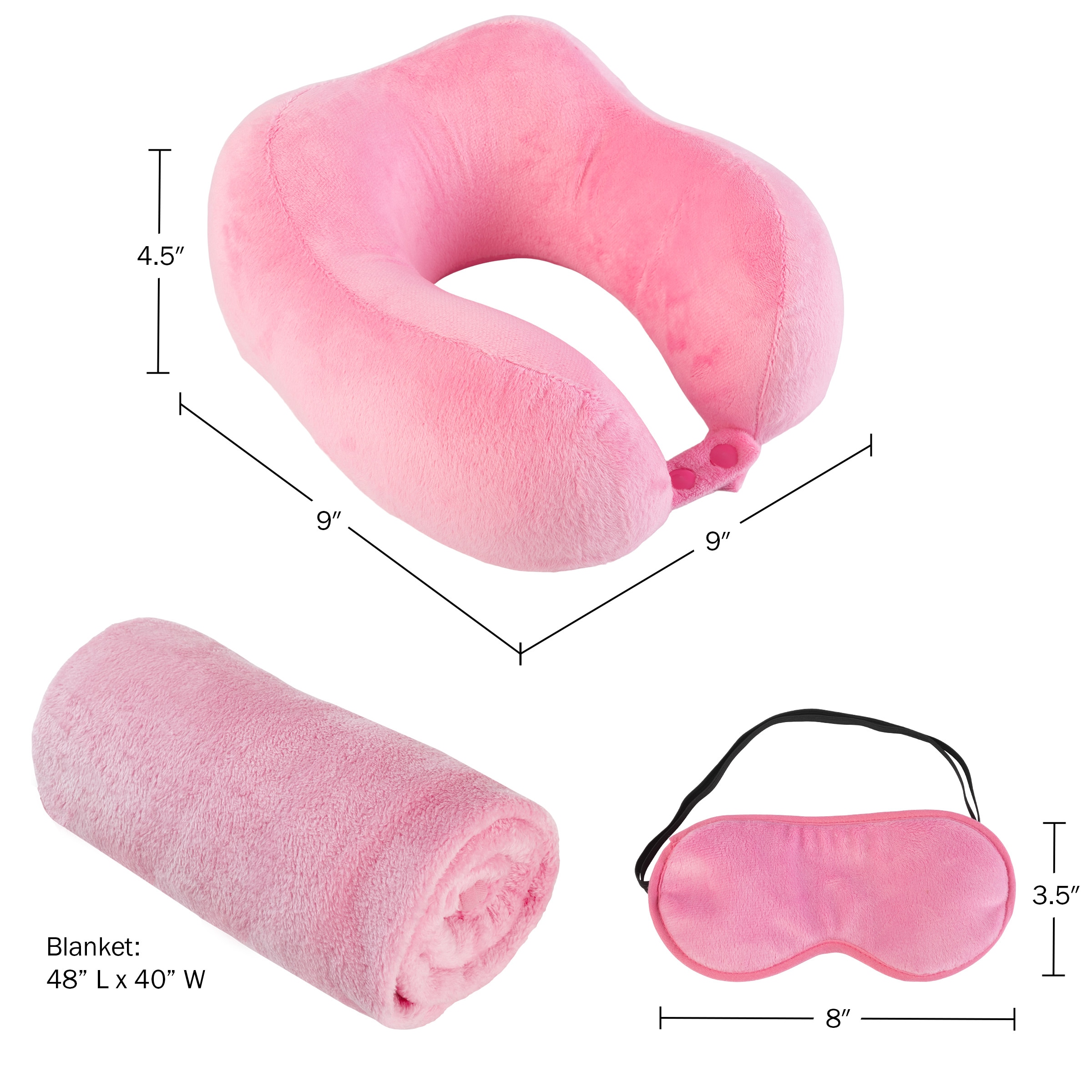 Pink Memory Foam Travel Pillow Set with Fleece Blanket and Eye Mask