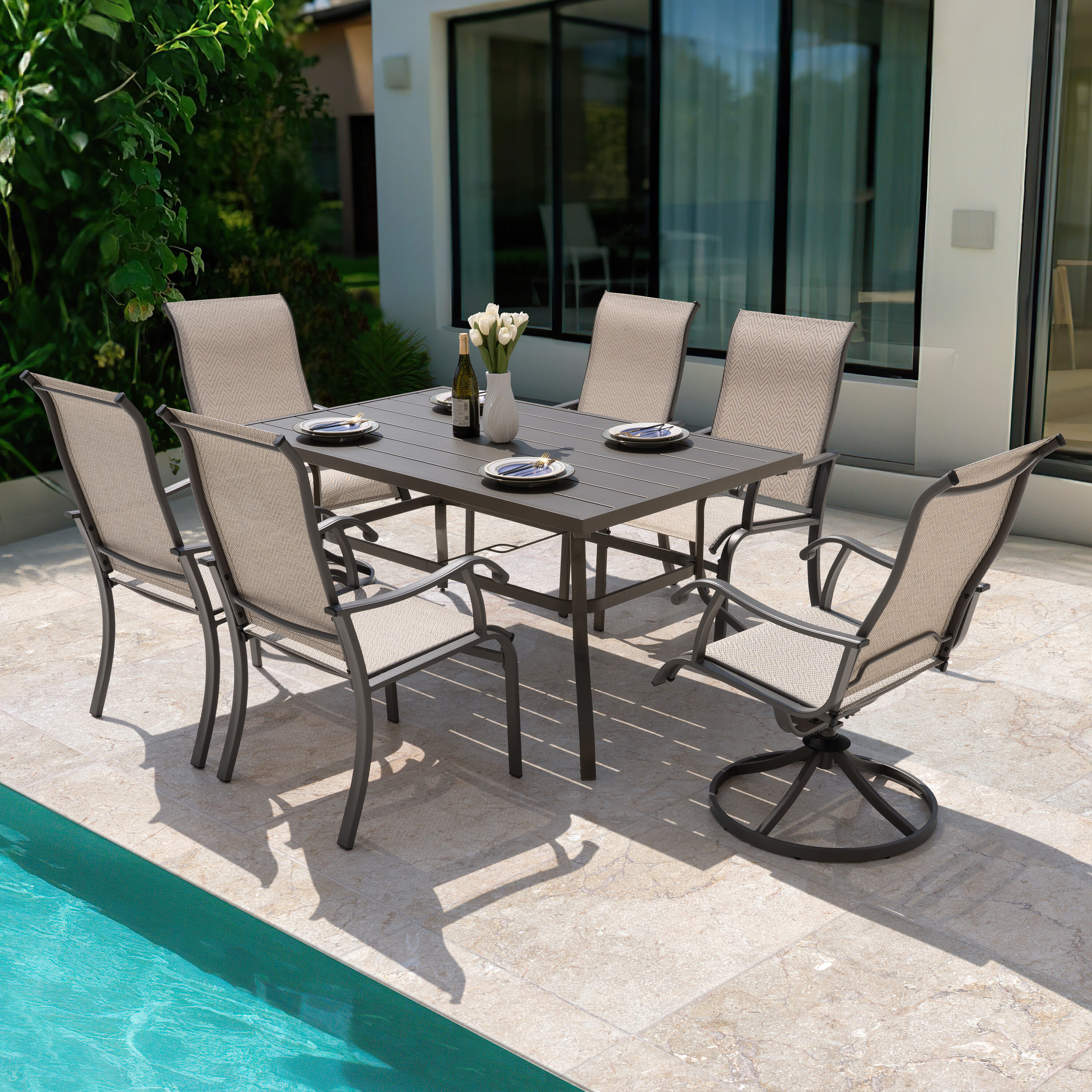 Nuu Garden SID106FS-T103GR 7 -Piece Grey Patio Dining Set Iron Rectangle Table with 6 Beige Stationary and Motion Chairs