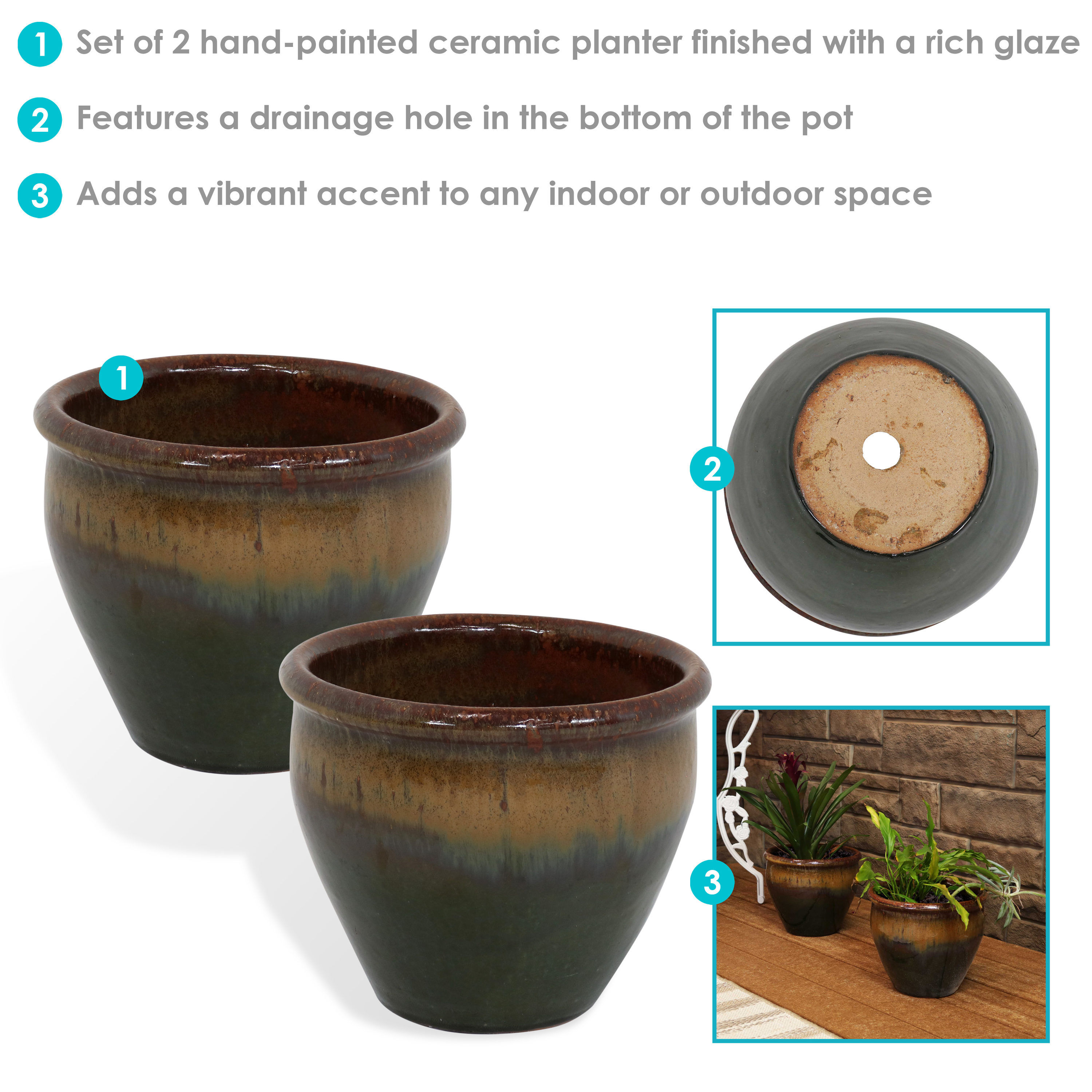Forest Lake Green Glazed Ceramic Indoor/Outdoor Planter Set - 9"