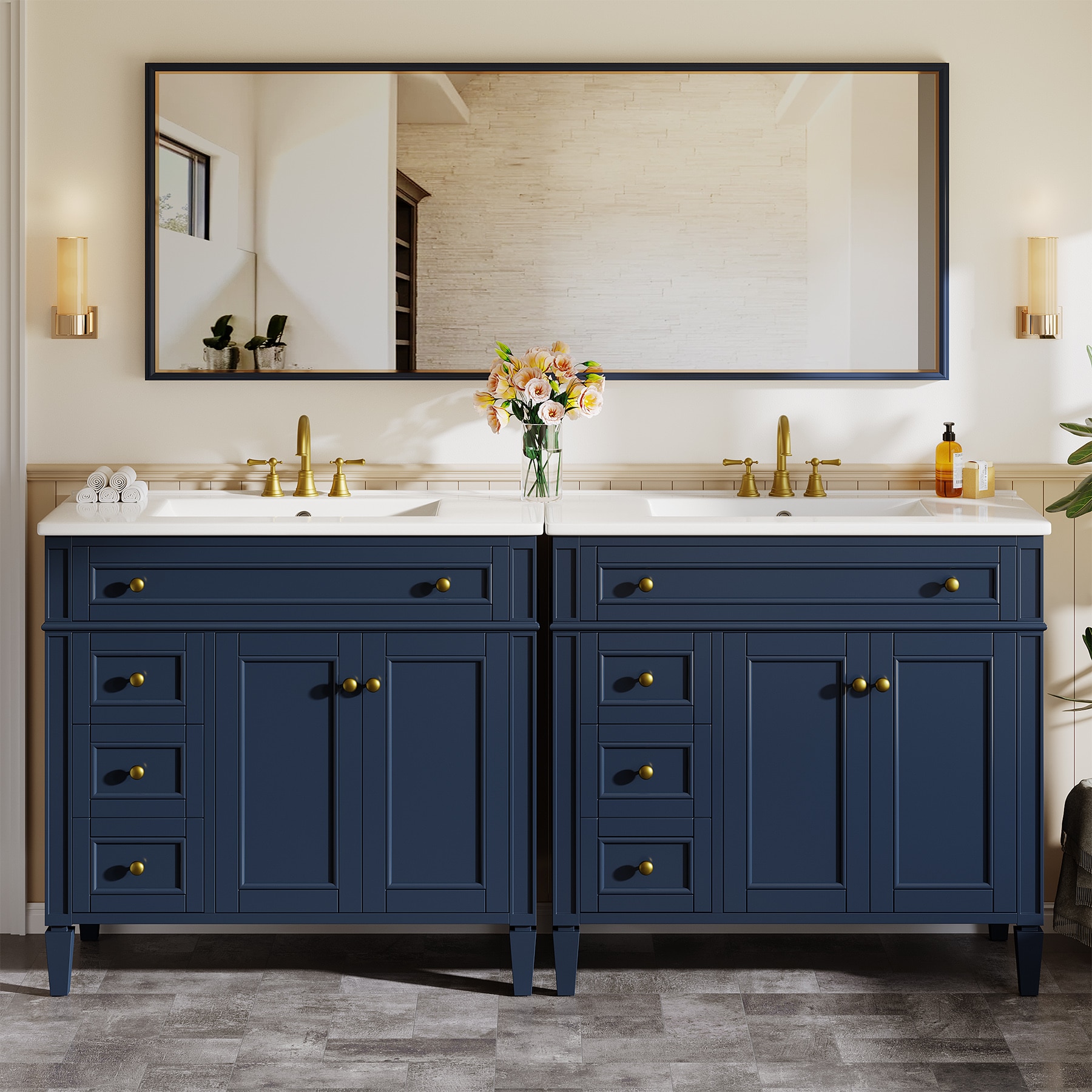 LITTLE TREE 72 Inch Double Sink Freestanding Blue Bathroom Vanity Two Separate Cabinets with White Ceramic Top Unassembled