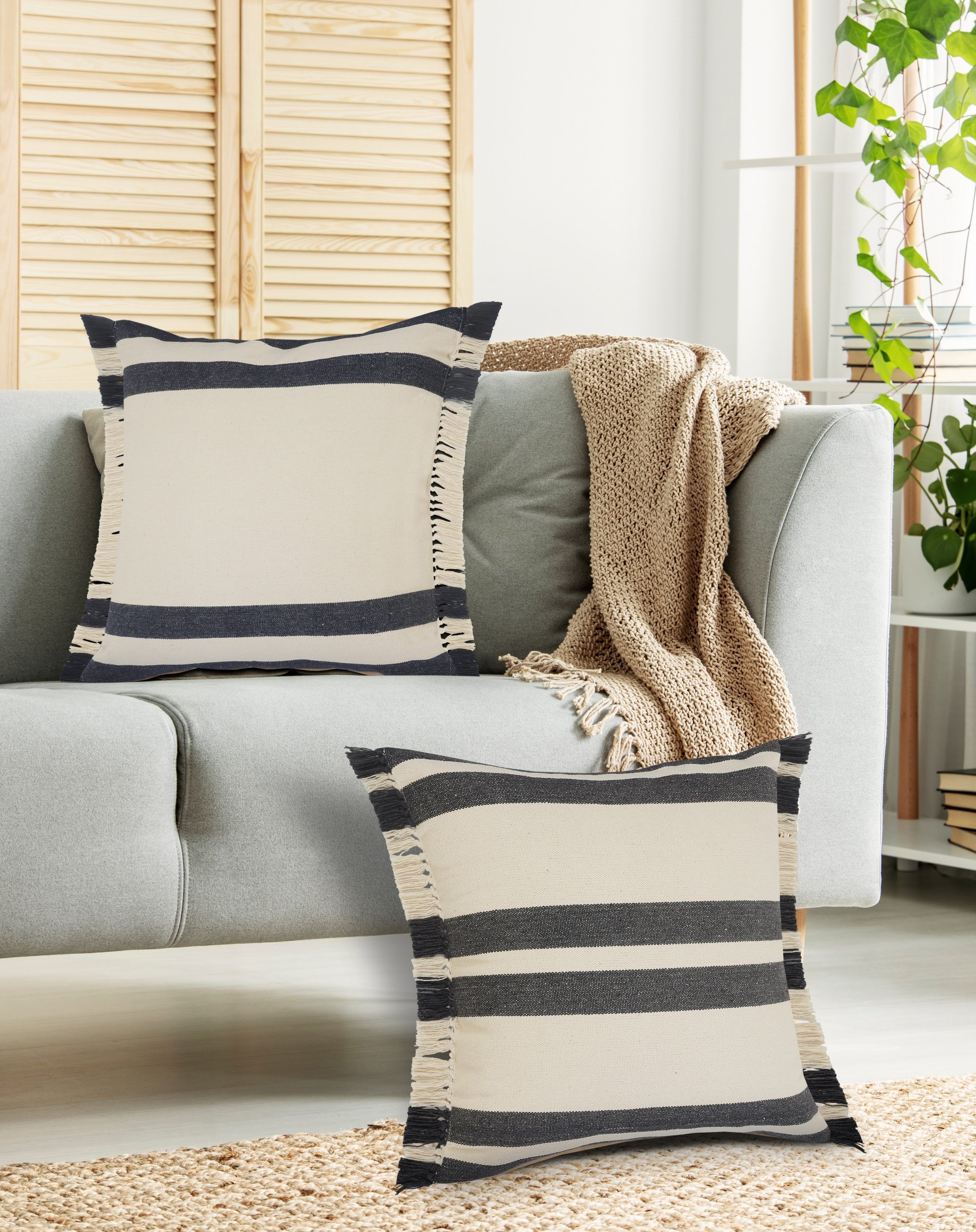 Blue and White Striped Fringe Throw Pillow, 20 inch