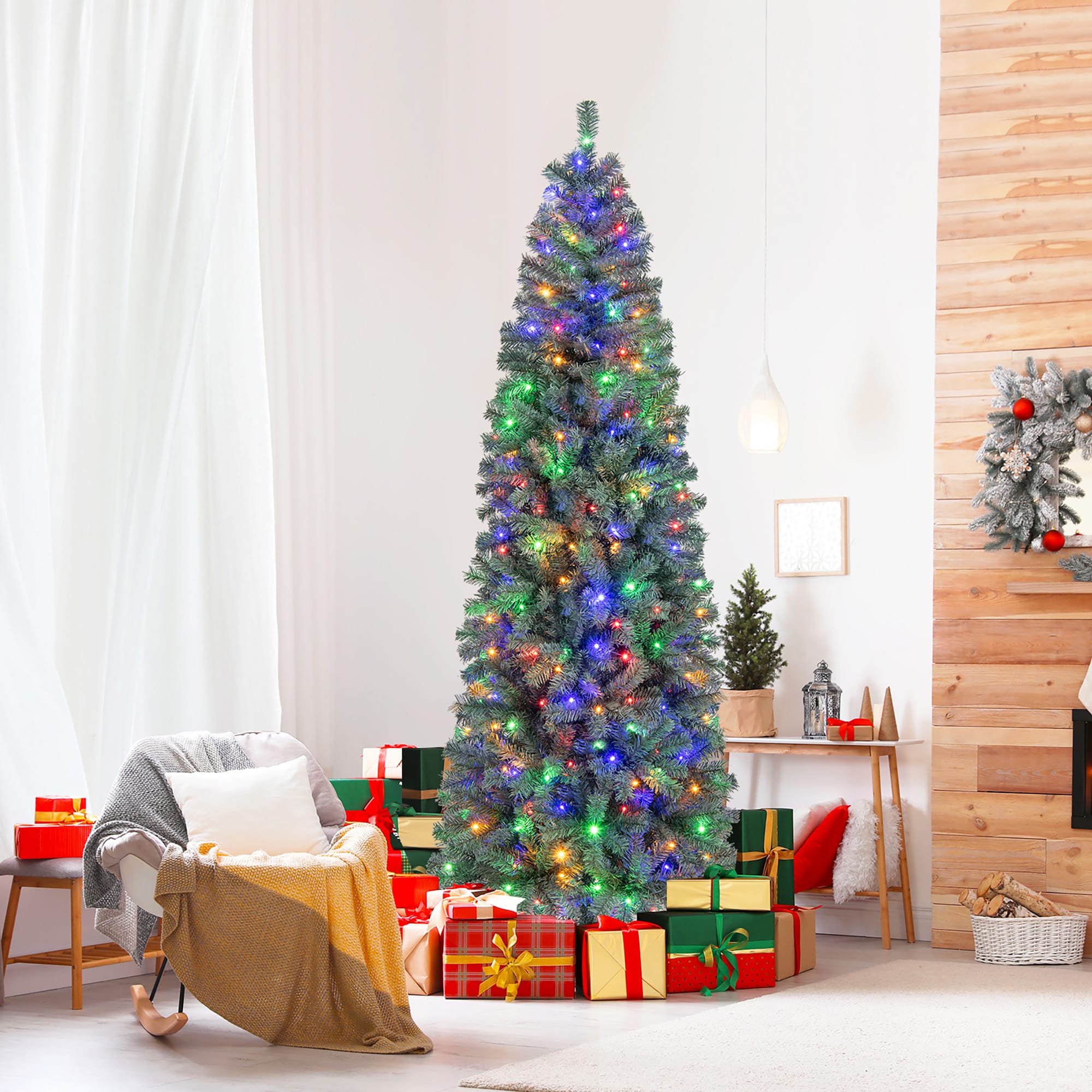 Forclover HYFW-TR814 7.5-Feet Pre-lit Pencil Blue Artificial Christmas Tree with Color Changing LED Lights