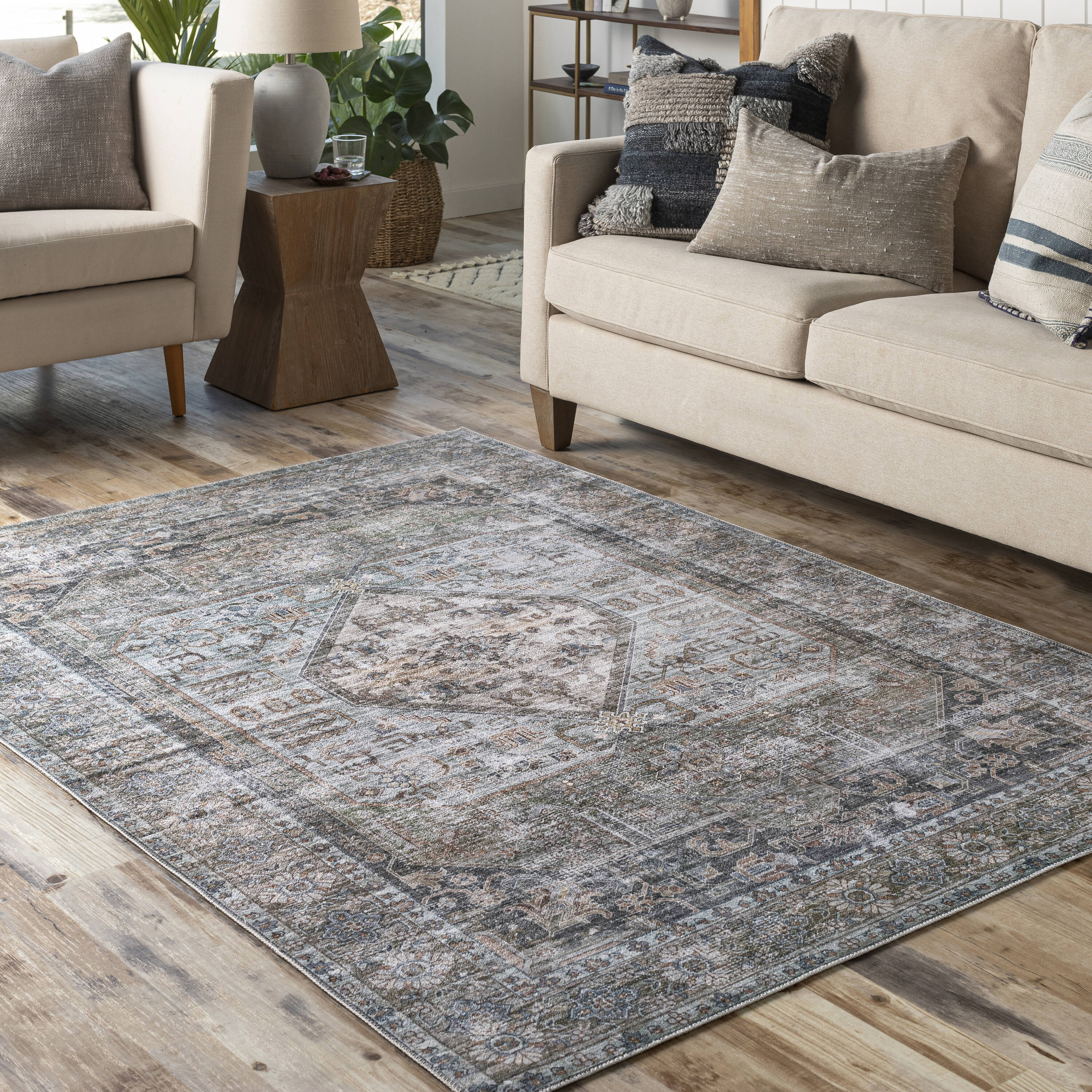 Livabliss RGE2311-7696 Regen 8 x 10 (ft) Polyester Pale Blue/Charcoal Rectangular Indoor Medallion Oriental Machine washable Area rug