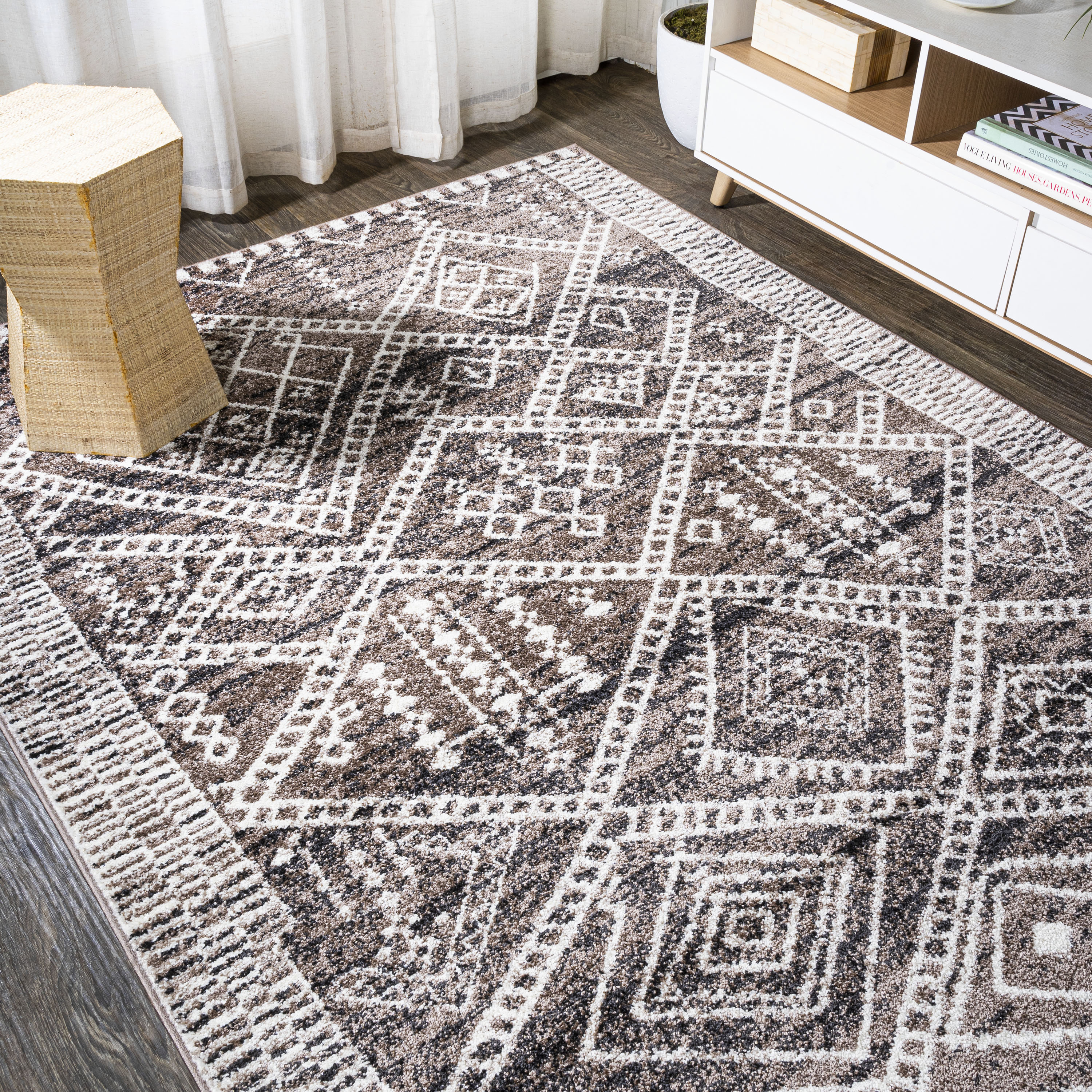 Ivory and Brown Moroccan-Inspired Easy-Care Area Rug