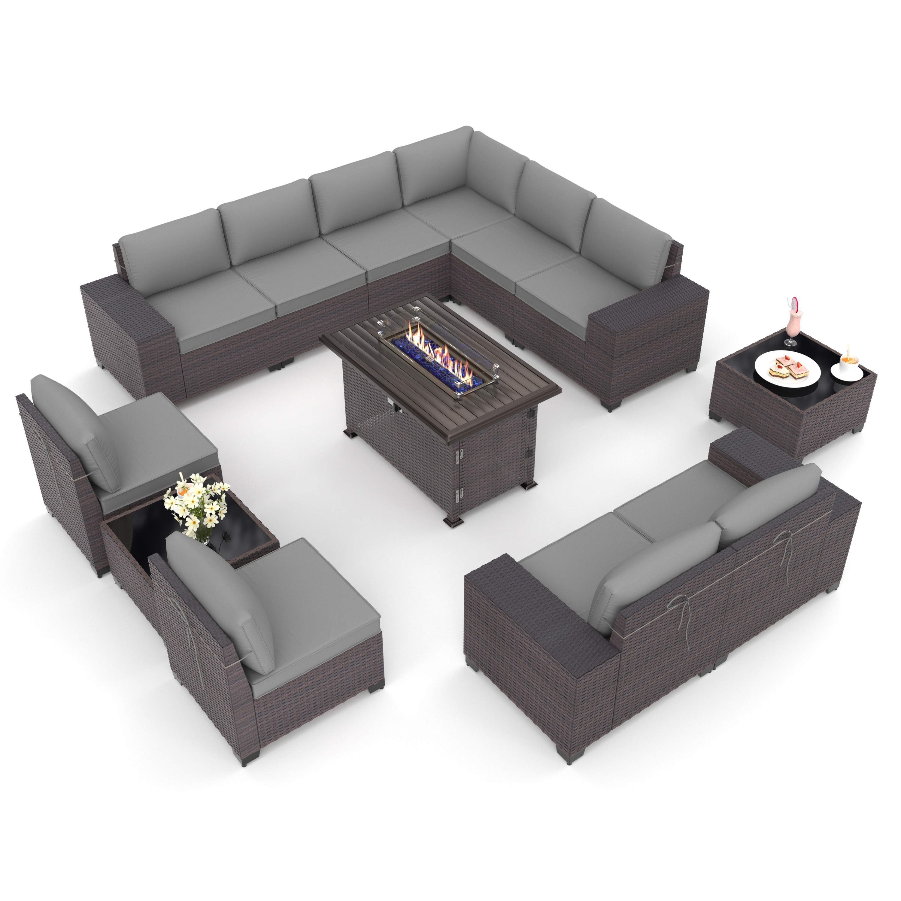 ALAULM LS-12PCS+FP-GREY 13 -Piece Wicker 2 Patio Sofa Conversation Set with Gray Cushions