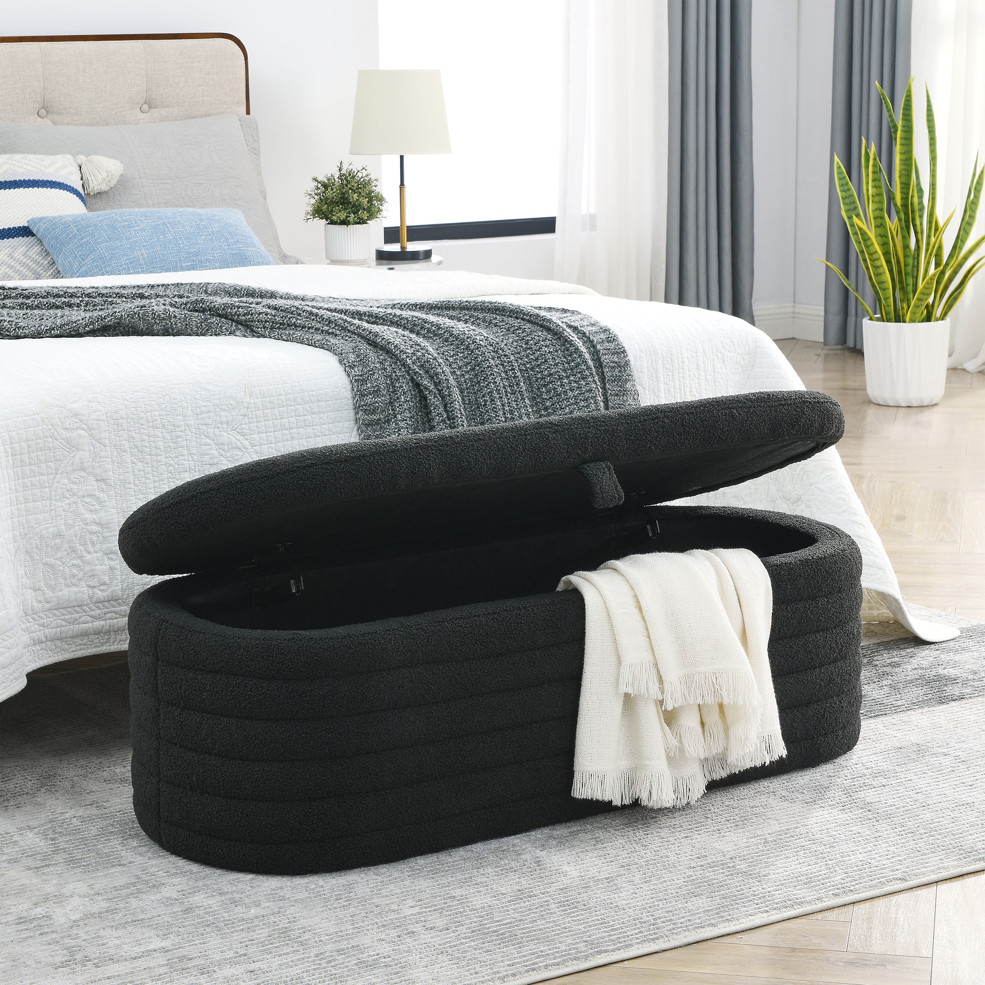 SINOFURN SYA020316WT Modern Black Accent Bench with Storage 45.5-in x 18.5-in x 16-in