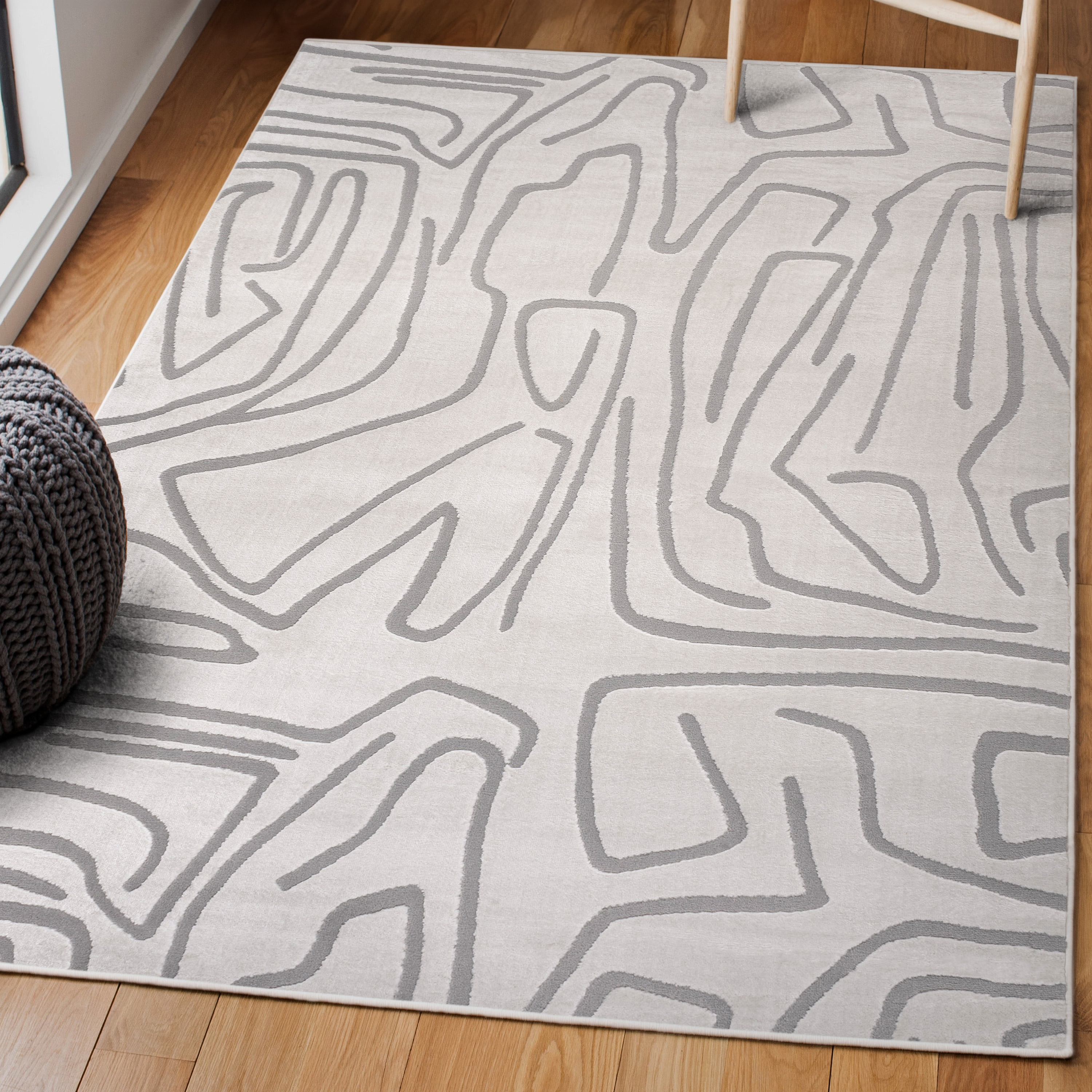 JONATHAN  Y SND102C-8 SANDSTONE Alcina Graphic Lines 8 x 10 (ft) Loomed Polyester White/Light Gray Rectangular Indoor/Outdoor Abstract Mid-Century Modern Area rug