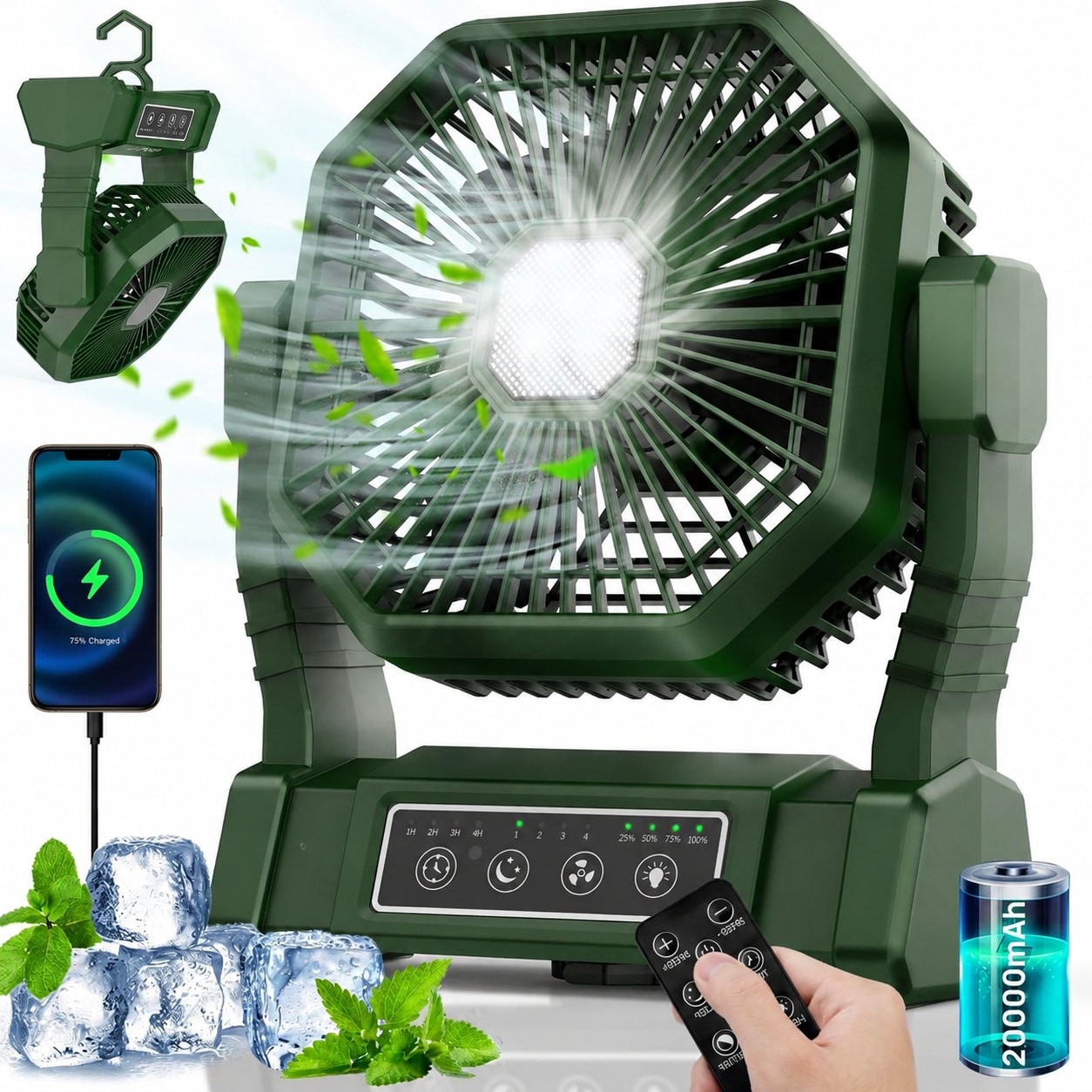 ITOPFOX  Portable Fan renewable power power cell Operated Fan with LED Lantern 4 Speeds 4 Timing for Indoor Outdoor Camping Travel Hiking Fishing