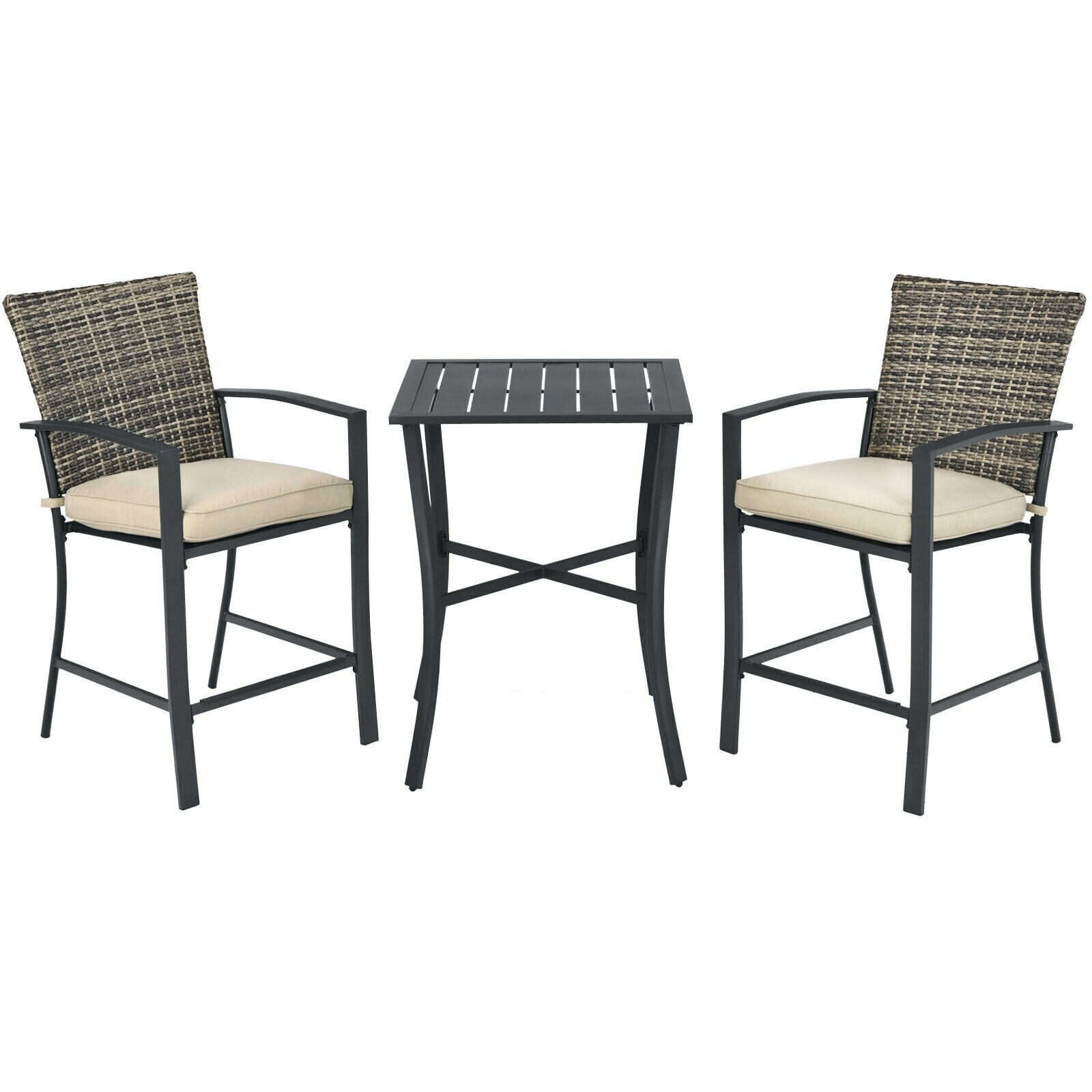 Forclover HYFE-10086GR Patio conversation sets 3-Piece Wicker Patio Conversation Set with Off-white Cushions