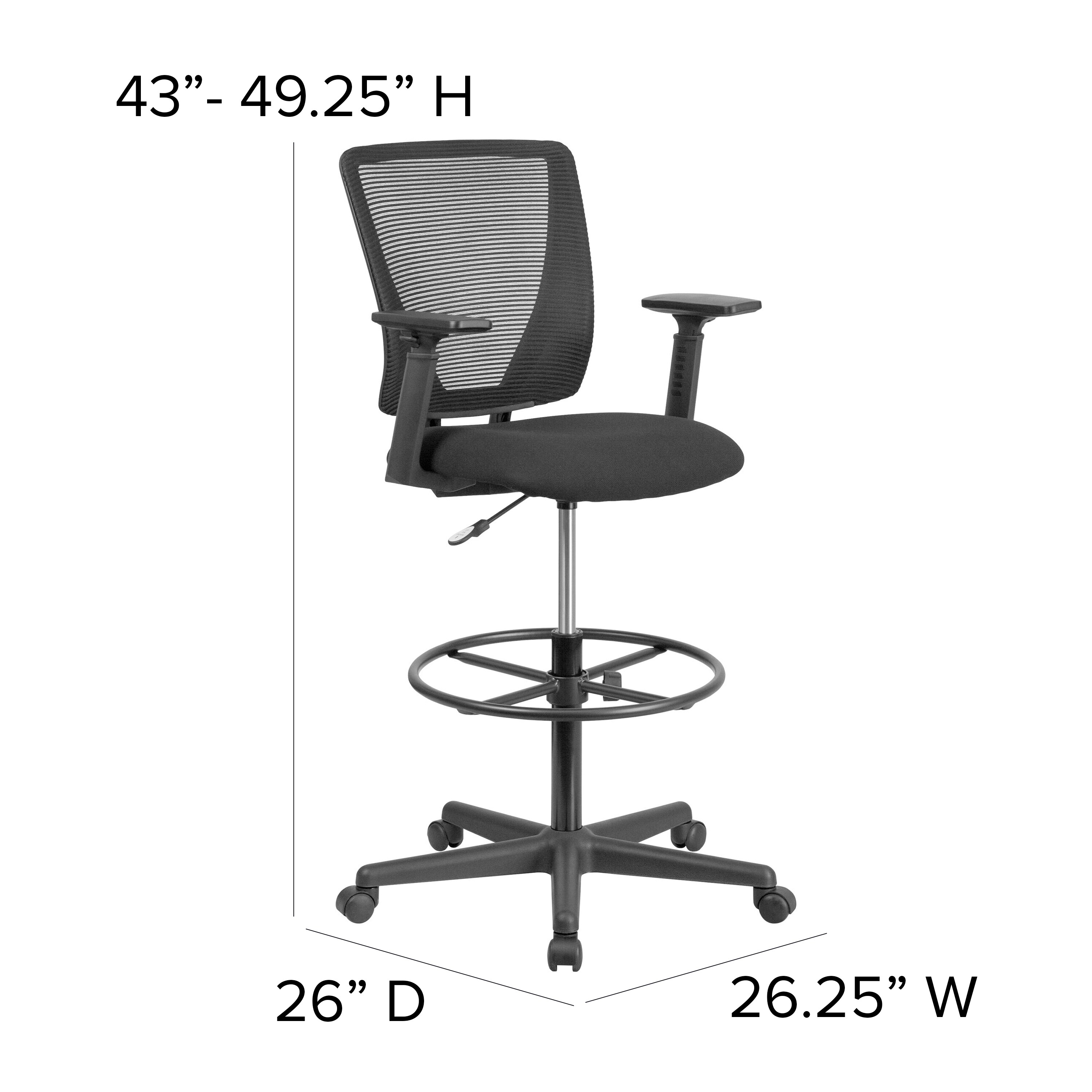 ErgoFlex Mid-Back Mesh Drafting Chair with Adjustable Arms and Black Fabric Seat