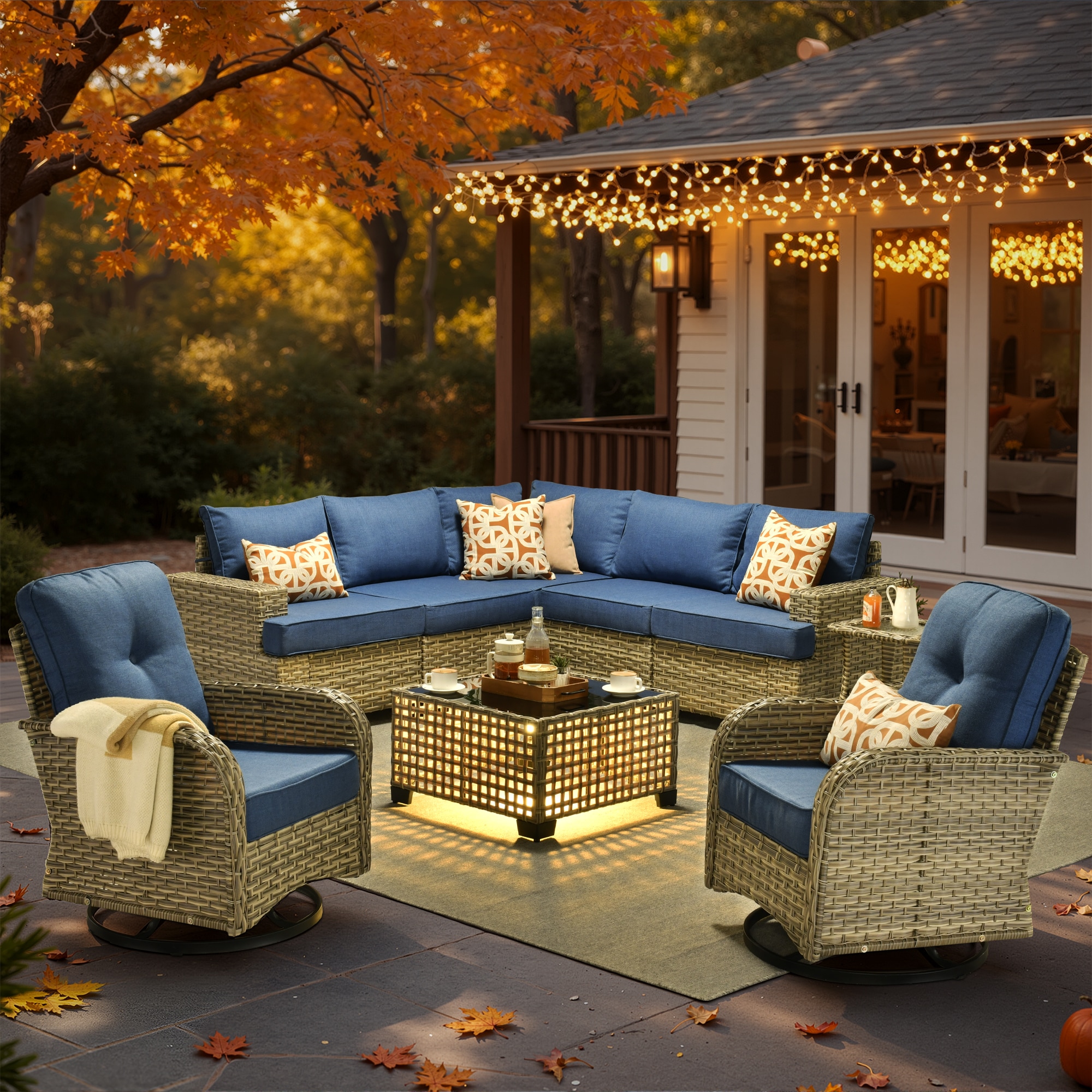 XIZZI XITBS507C4-VNCRC Agate Rattan Outdoor Sectional with Blue Cushions and Steel Frame