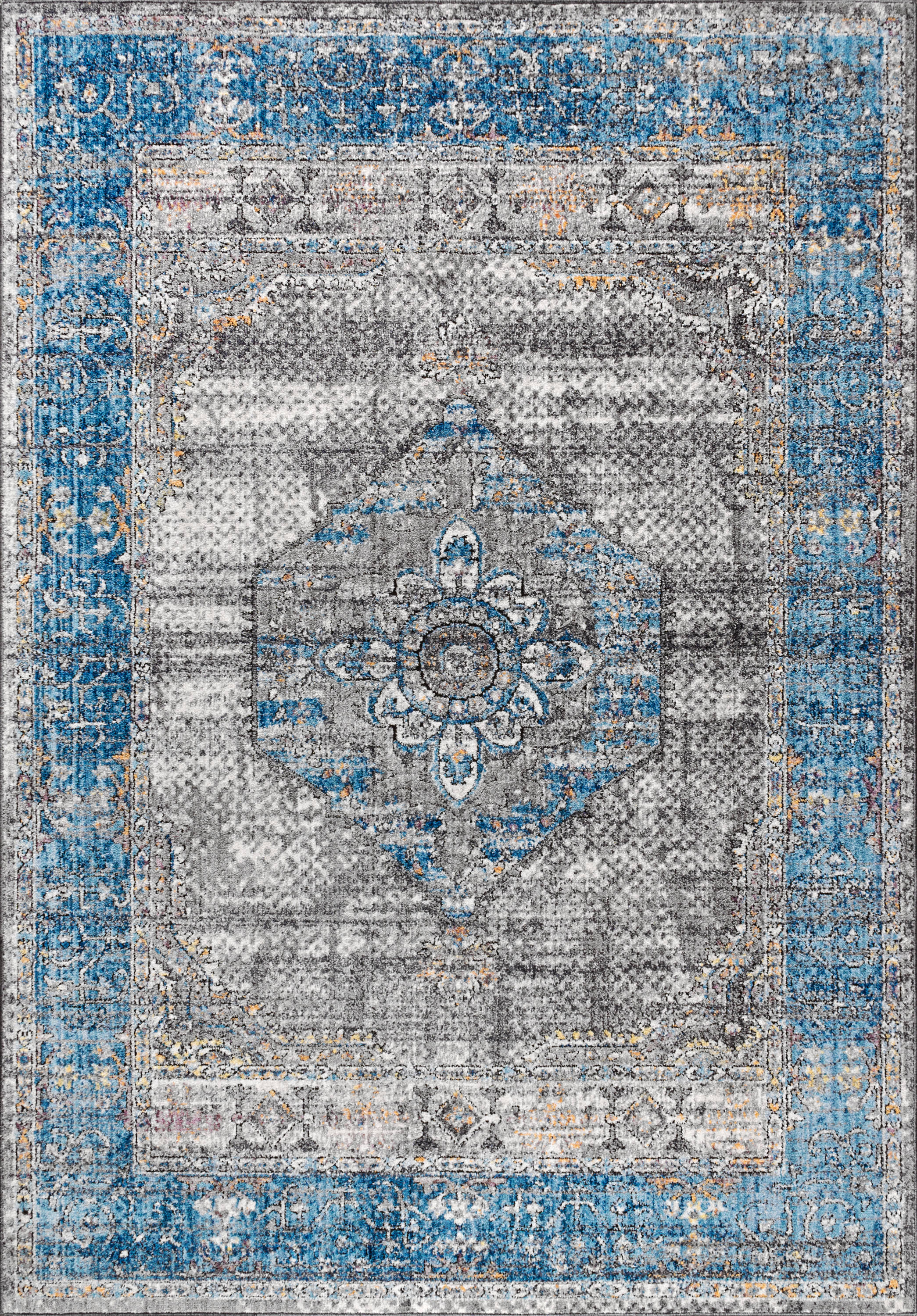Anatolia Medallion Peacock Blue and Gray Easy-Care Area Rug