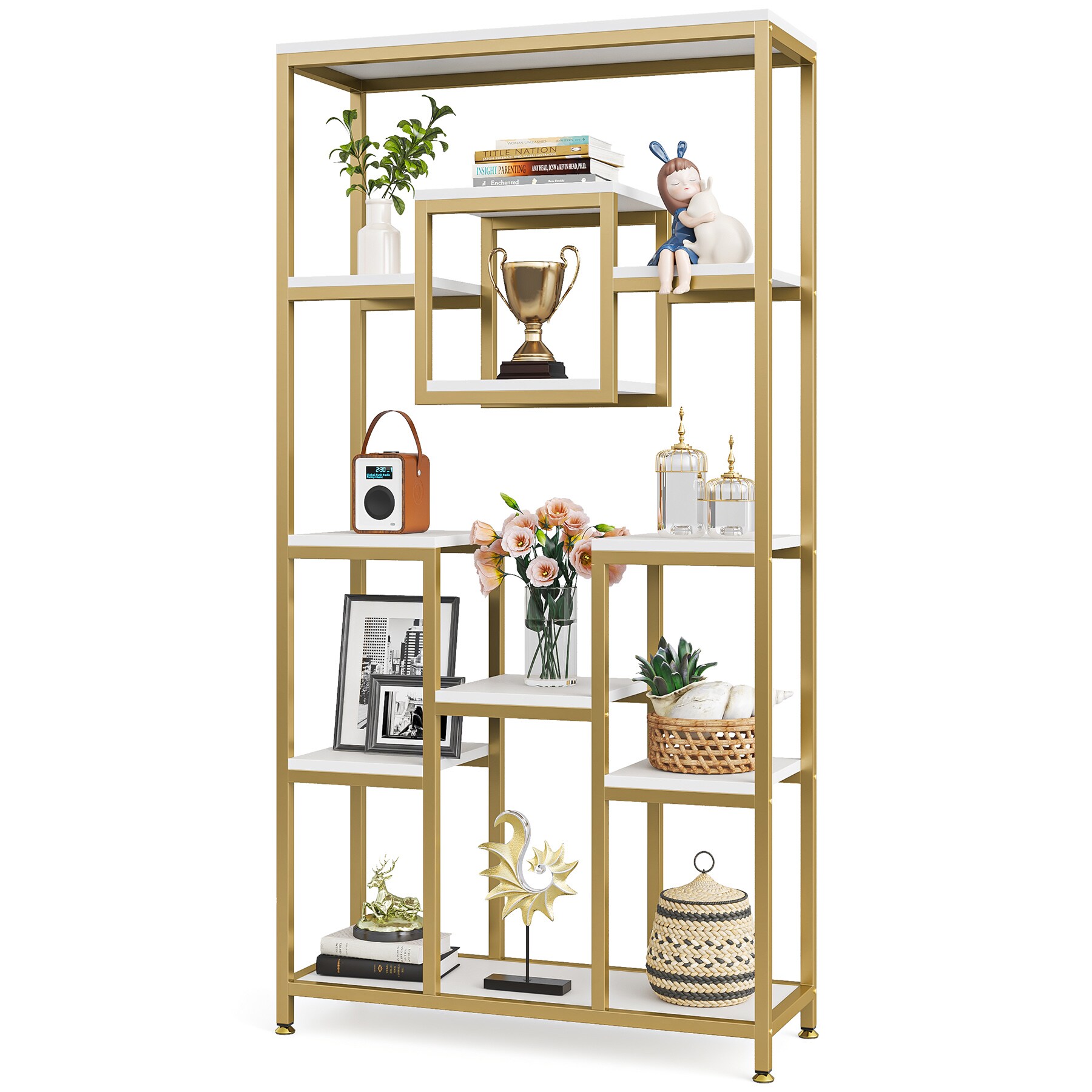 Tribesigns HOGA-XK00191 71 Inch Tall Bookshelf, Geometric Cubed Bookcase Open Display Shelf for Living Room, Home Office, Glossy White and Gold