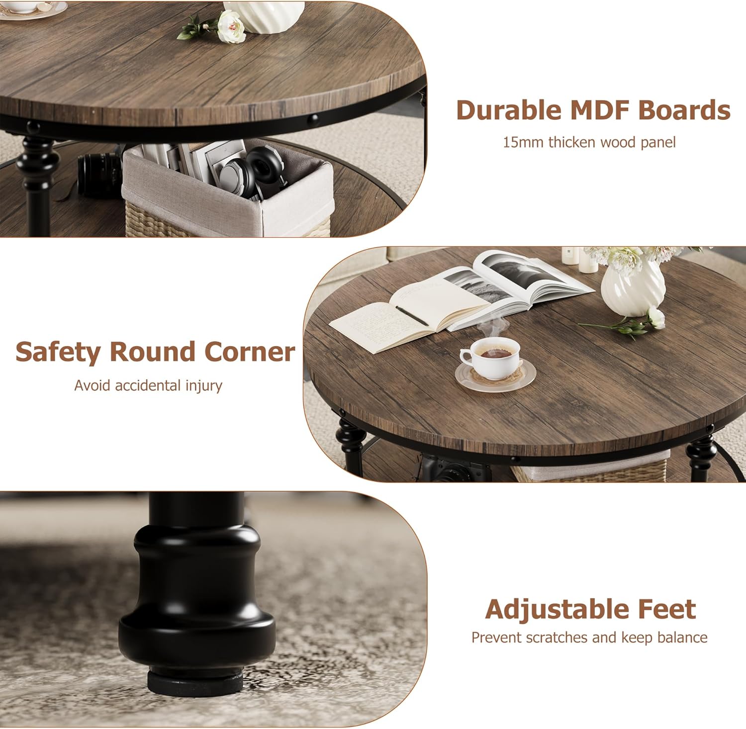 Qeetex QWEVPHO0X97XIER Living Room Round Coffee Table Rustic Dining Table with Storage Shelf Wooden Round Coffee Table Brown