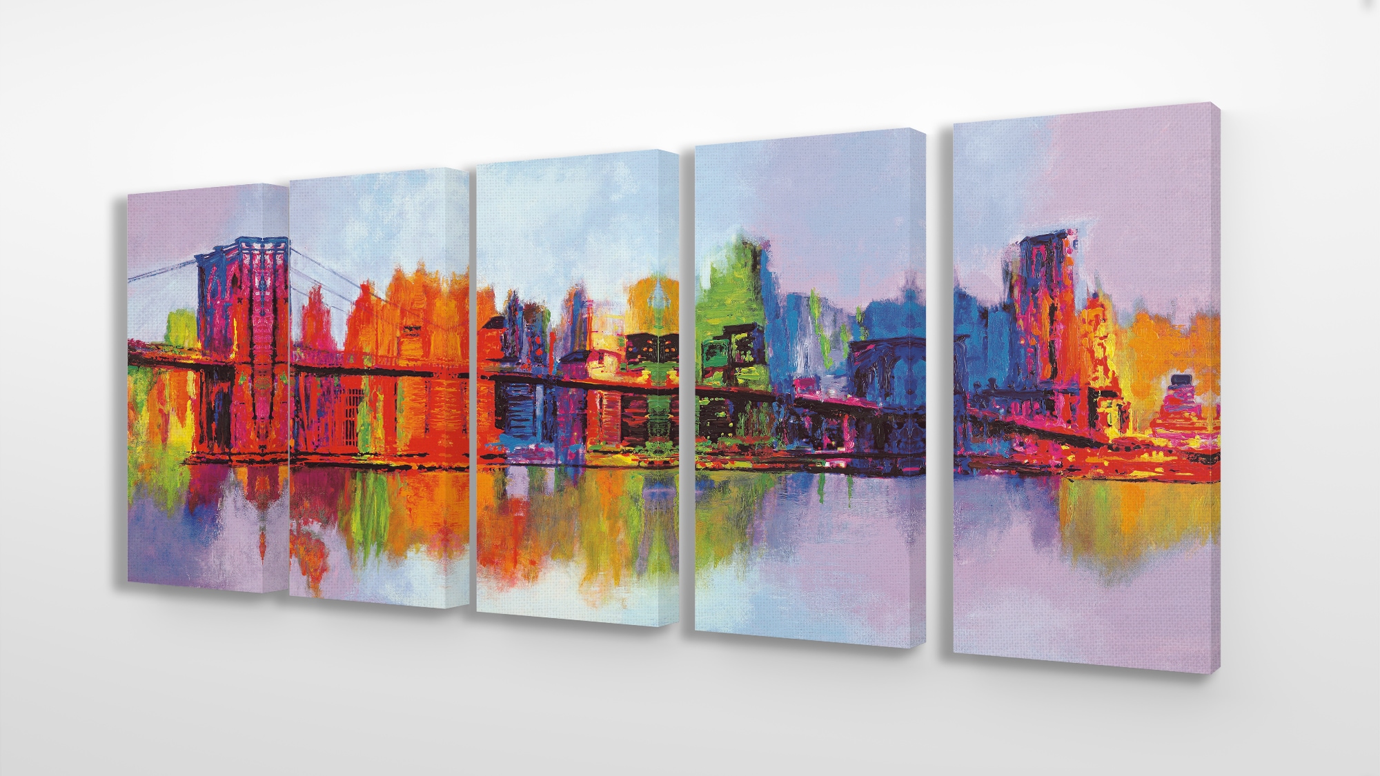 Stupell Industries TWP-247-CN-5PC-10X21 Abstract Vibrant Rainbow Painted Cityscape and Bridge Reflected in Water Brian Carter Gallery Wrapped Canvas 21-in H x 10-in W Abstract Canvas Print