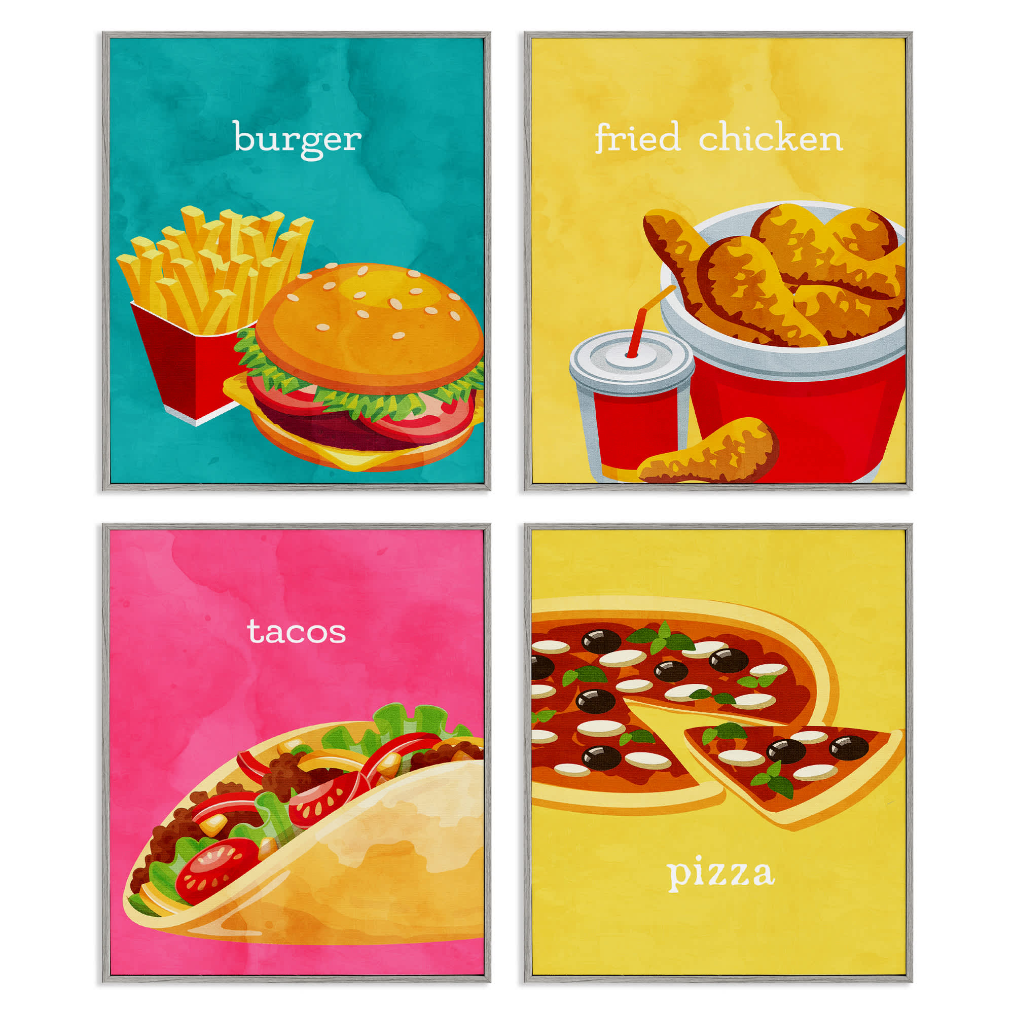 Stupell Industries A4-261-GFF-4PC-11X14 Delicious Fast Food Meals 4 Piece Gray Framed Giclee Art Set By Kim Allen 11 x 14