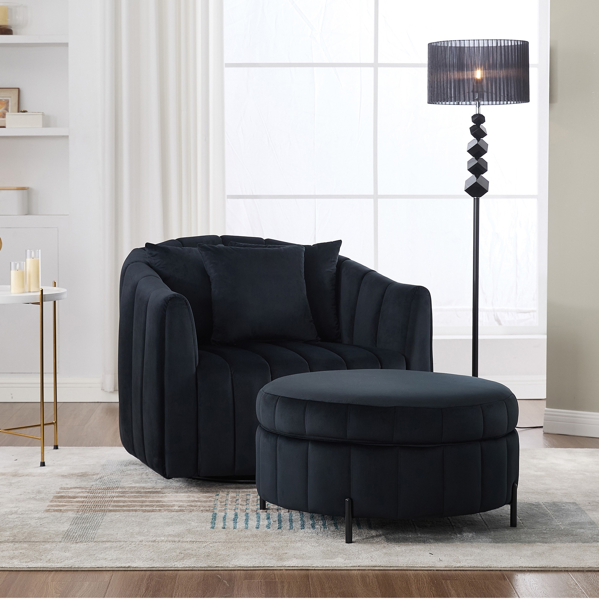 LOVMOR SF-WO-W3118S00012 Accent Barrel Chair and Half Sofa with Ottoman Velvet Channel Tufted with Storage Stool for Living Room BLACK