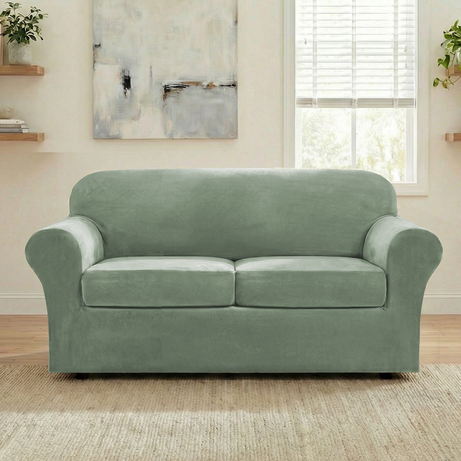 H.Versailtex -  Stretch velvet sofa cover set 2-Cushion Sofa 3-Piece Seagrass