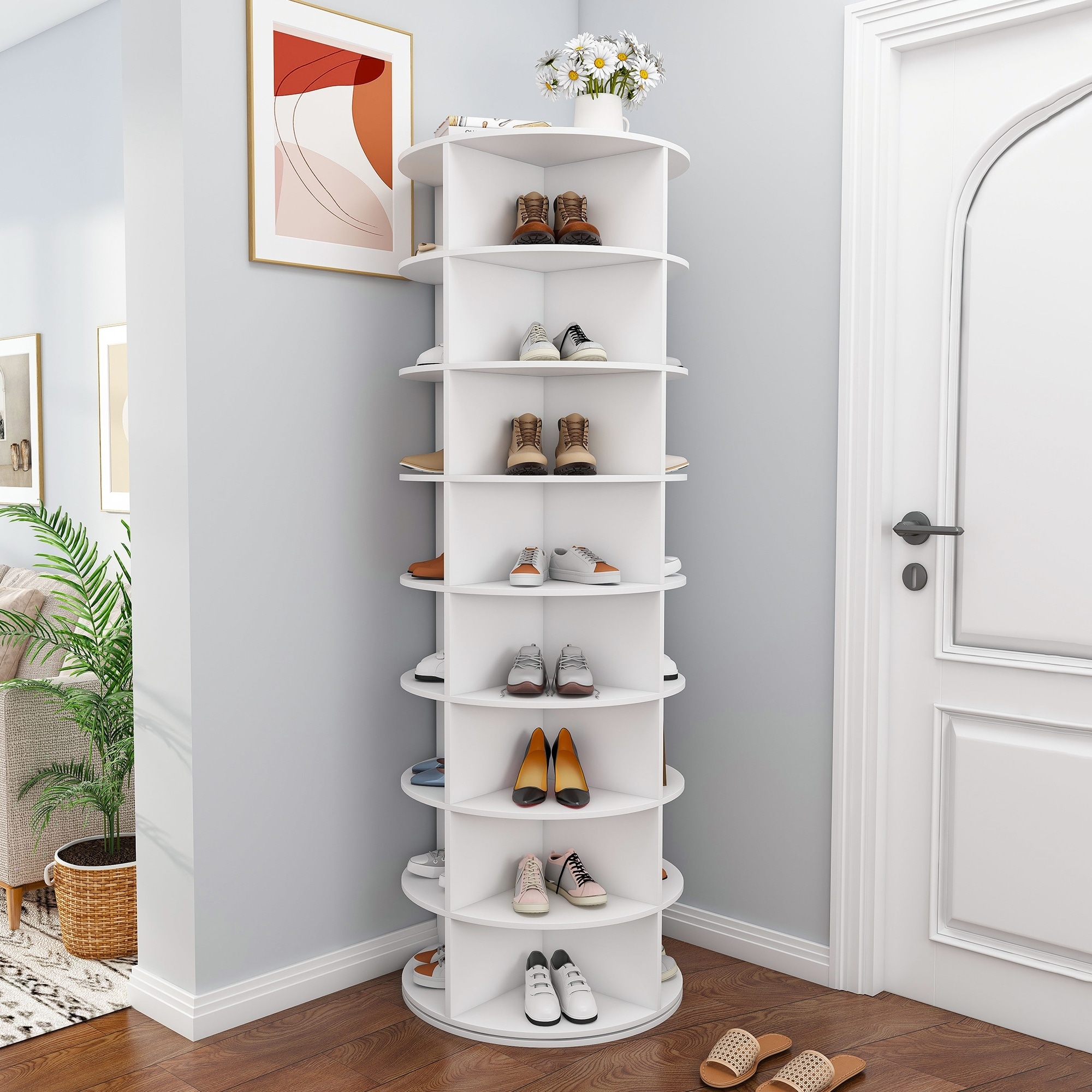 Horizons Prime 24 inch x 24 inch x 72 inch White PVC Rotating Shoe Rack Tower with 360 Degree Spinning Design and 8 Tiers