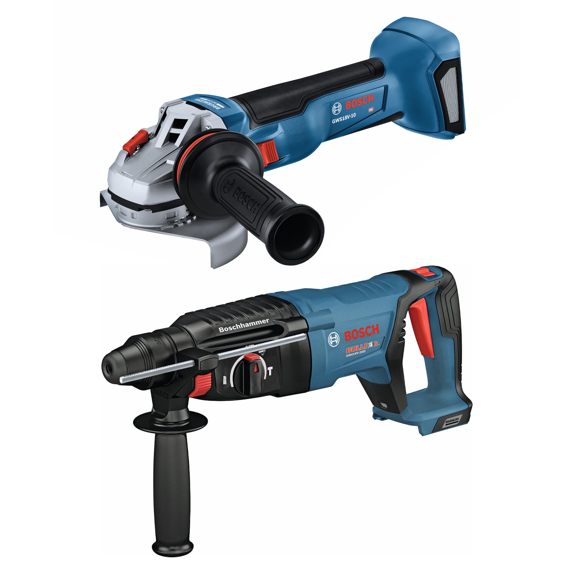 Bosch GBH18V-26DN 18V Brushless SDS-plus Bulldog™ 1 In. Rotary Hammer (Bare Tool) and GWS18V-10N 18V Brushless 4-1/2 – 5 In. Angle Grinder with