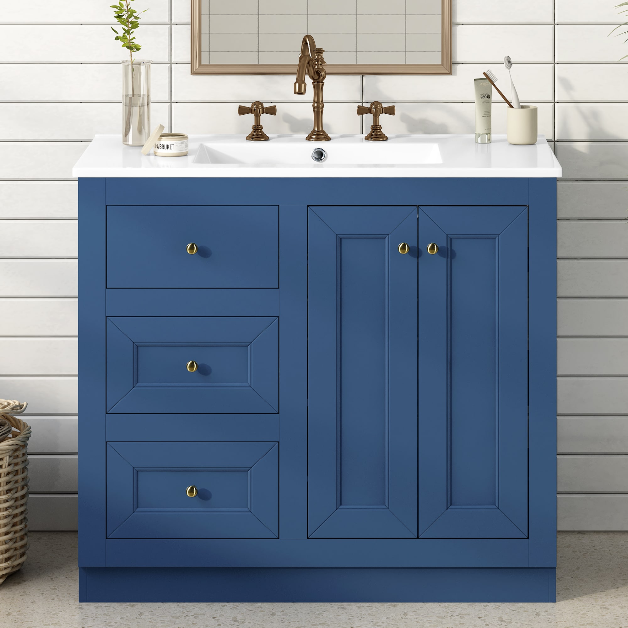 GDFStudio 36inch Bathroom Vanity with Ceramic Sink Bathroom Storage Cabinet with 2 Drawers   Shelf Solid Wood and MDF Board Freestanding Bathroom Cabinet (Blue)