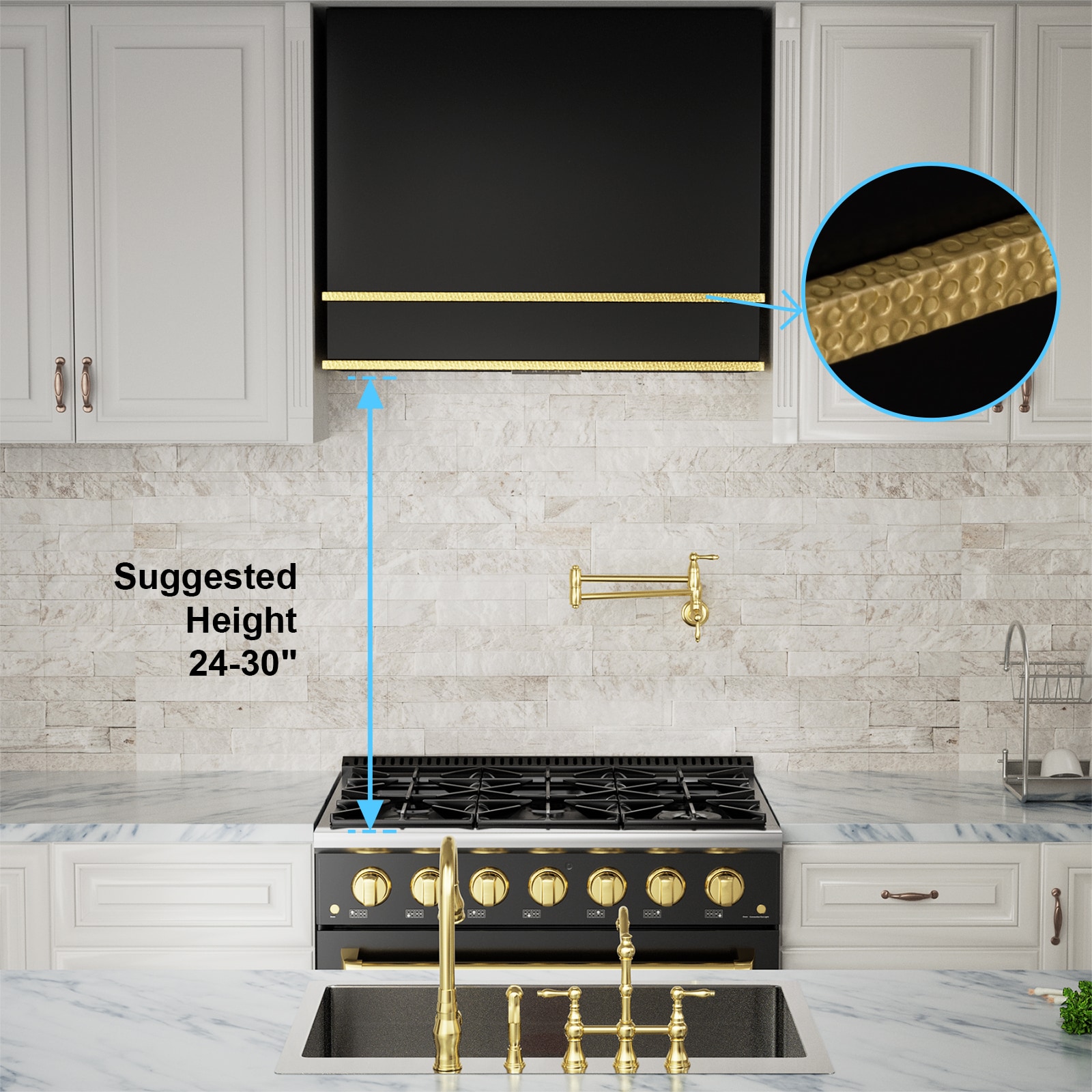 Akicon 36 Inch Black and Gold Stainless Steel Wall Mounted Range Hood